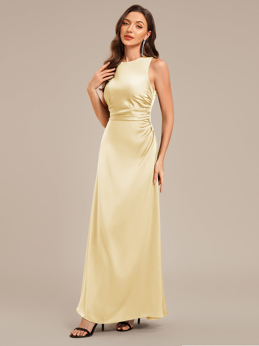 Robe de demoiselle d'honneur dos nu en satin sans manches #Couleur_Jaune