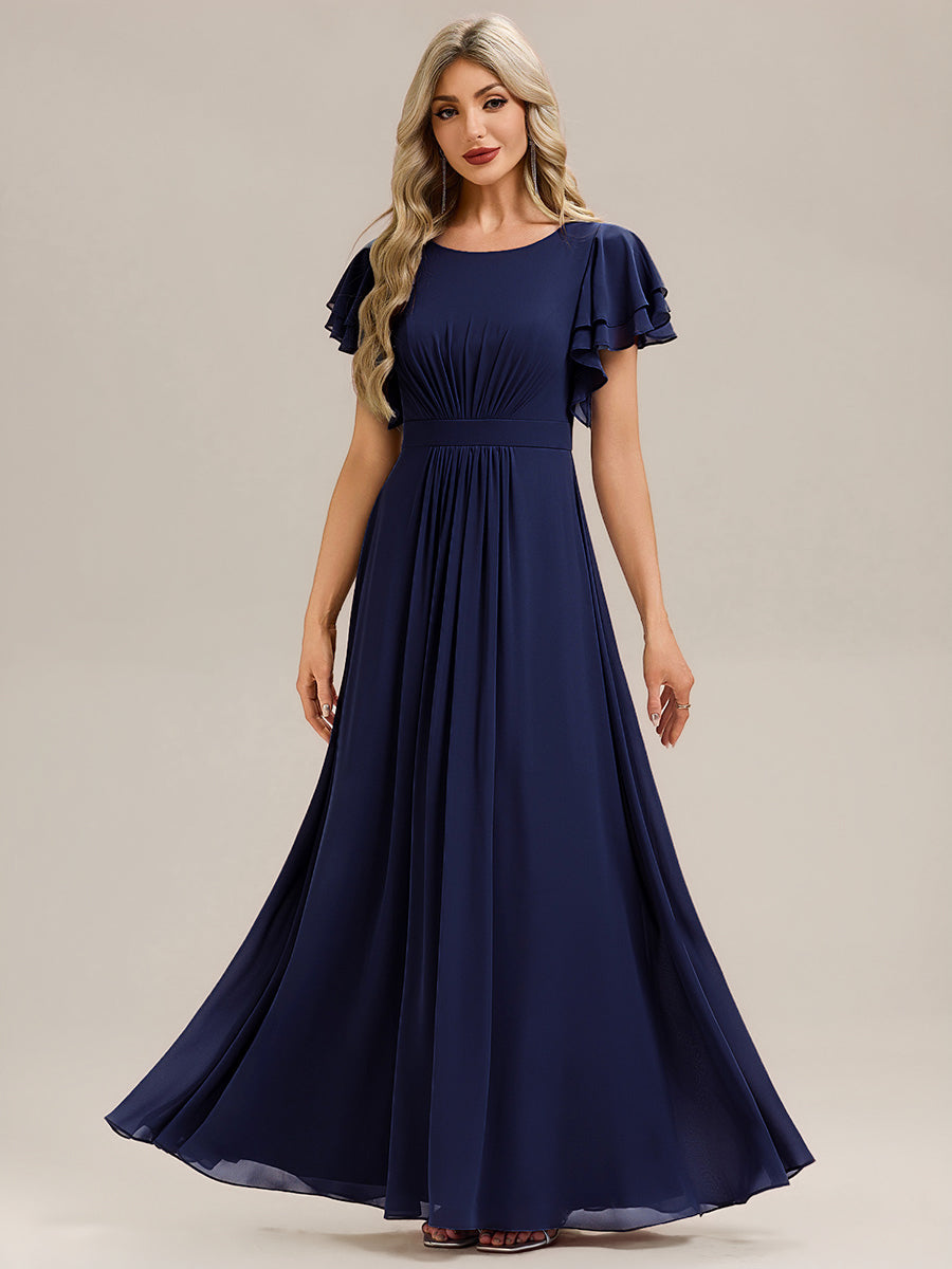 Robe longue à manches courtes avec volants en A et col rond fermeture éclair au dos Robe de demoiselle d'honneur #Couleur_Bleu Marine