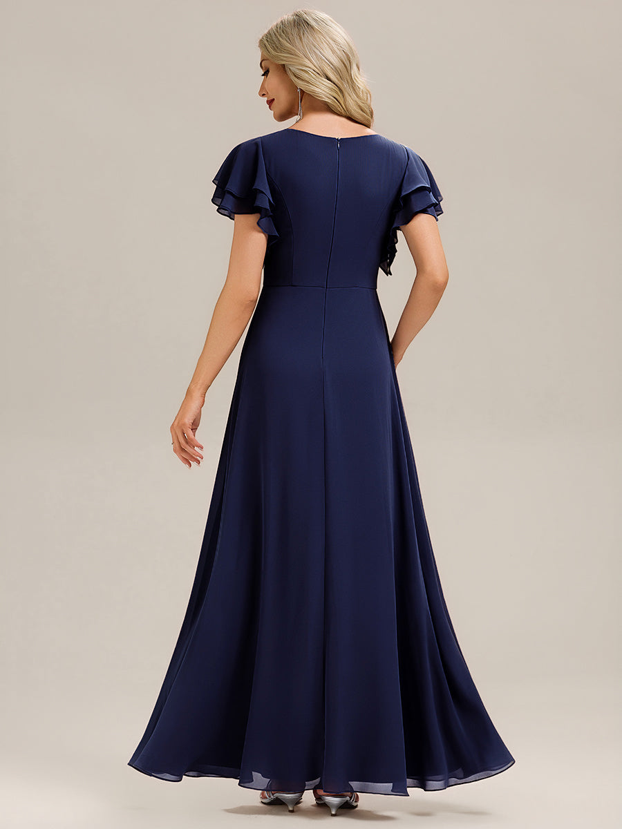 Robe longue à manches courtes avec volants en A et col rond fermeture éclair au dos Robe de demoiselle d'honneur #Couleur_Bleu Marine
