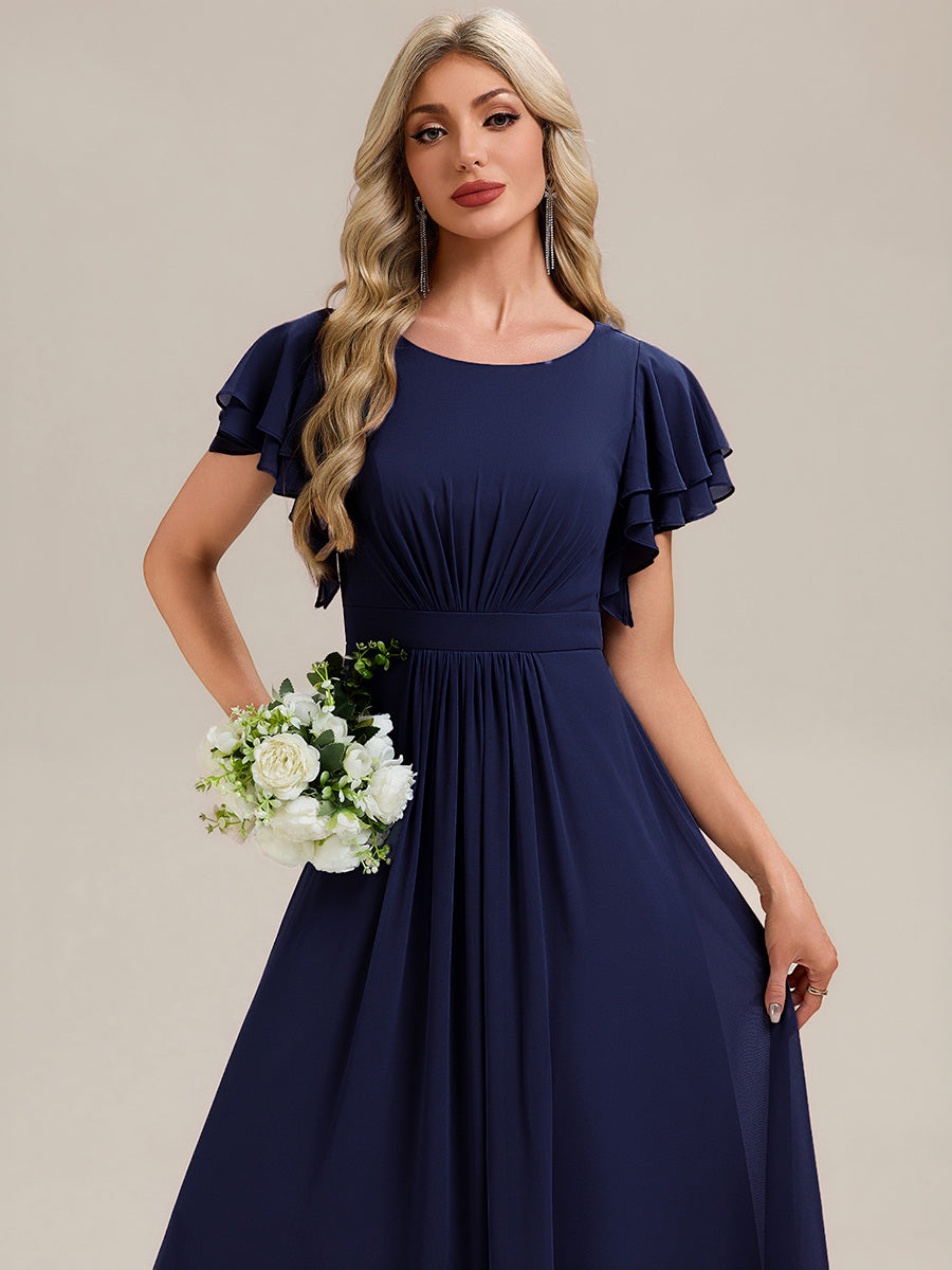 Robe longue à manches courtes avec volants en A et col rond fermeture éclair au dos Robe de demoiselle d'honneur #Couleur_Bleu Marine