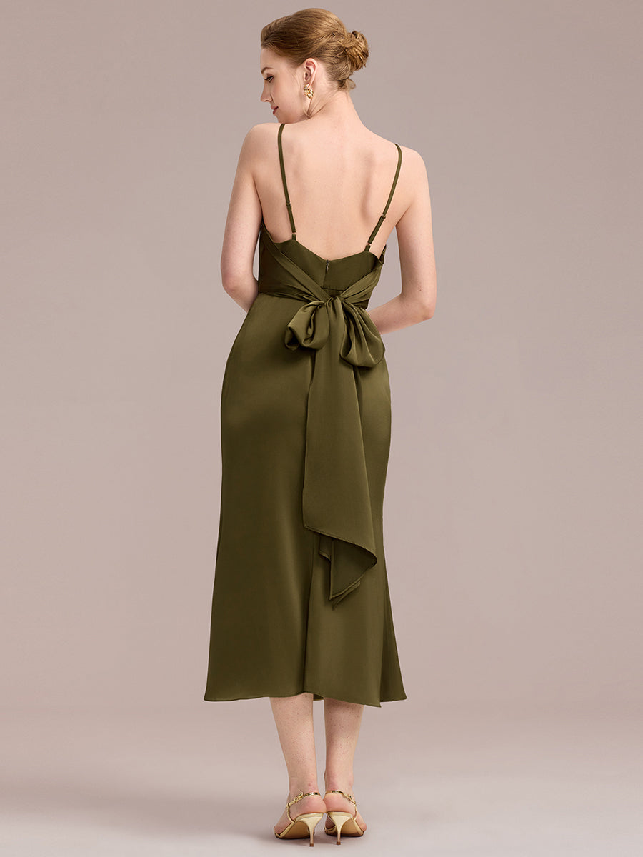 Robe D'invitée De Mariage Midi Olive À Fines Bretelles #Couleur_Vert Olive