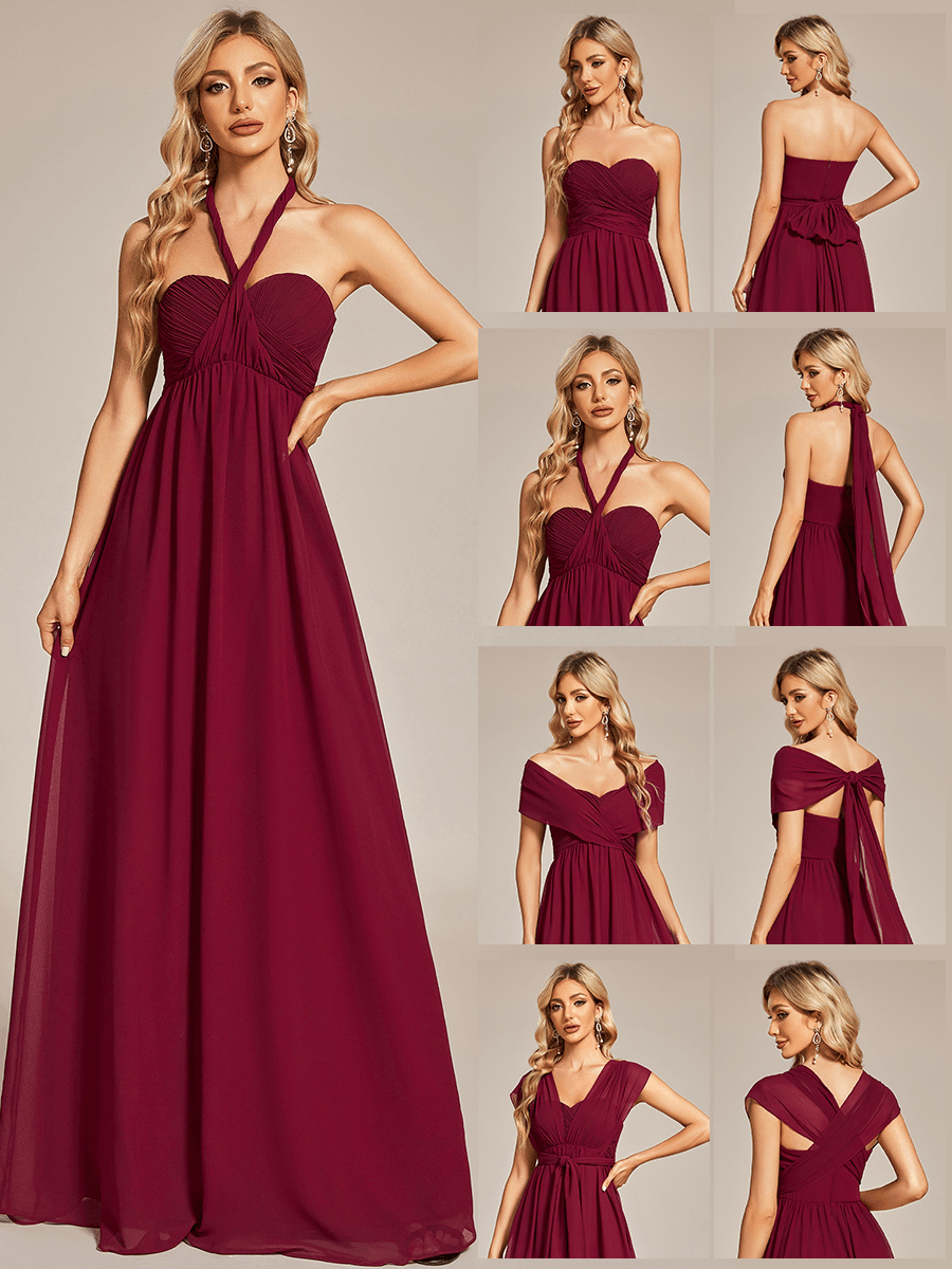 Robe demoiselle d'honneur multi-positions froncée en mousseline #Couleur_Bordeaux Robe demoiselle d'honneur multi-positions froncée en mousseline