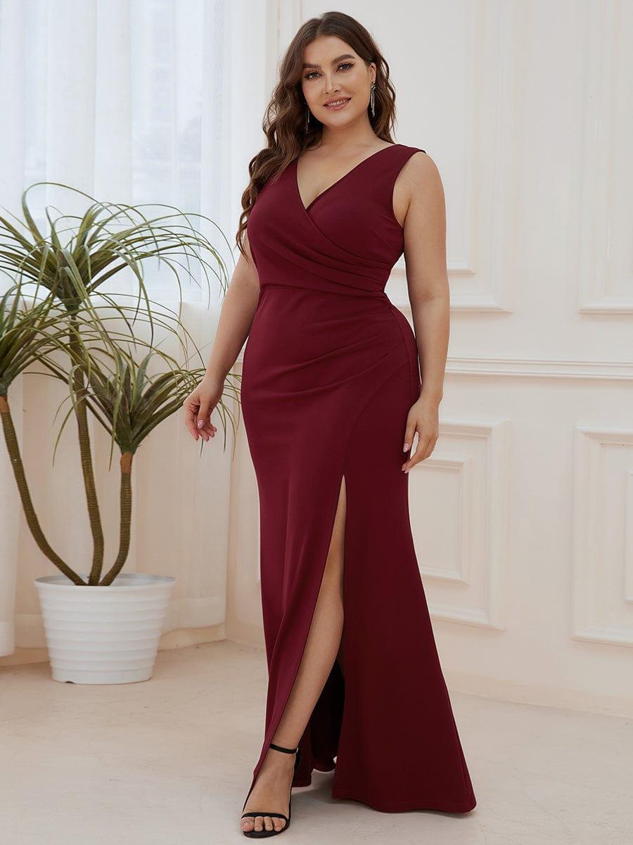 Robe Sans manches en maille à taille haute et col en V avec fente sur le devant #Couleur_Bordeaux Robe Sans manches en maille à taille haute et col en V avec fente sur le devant