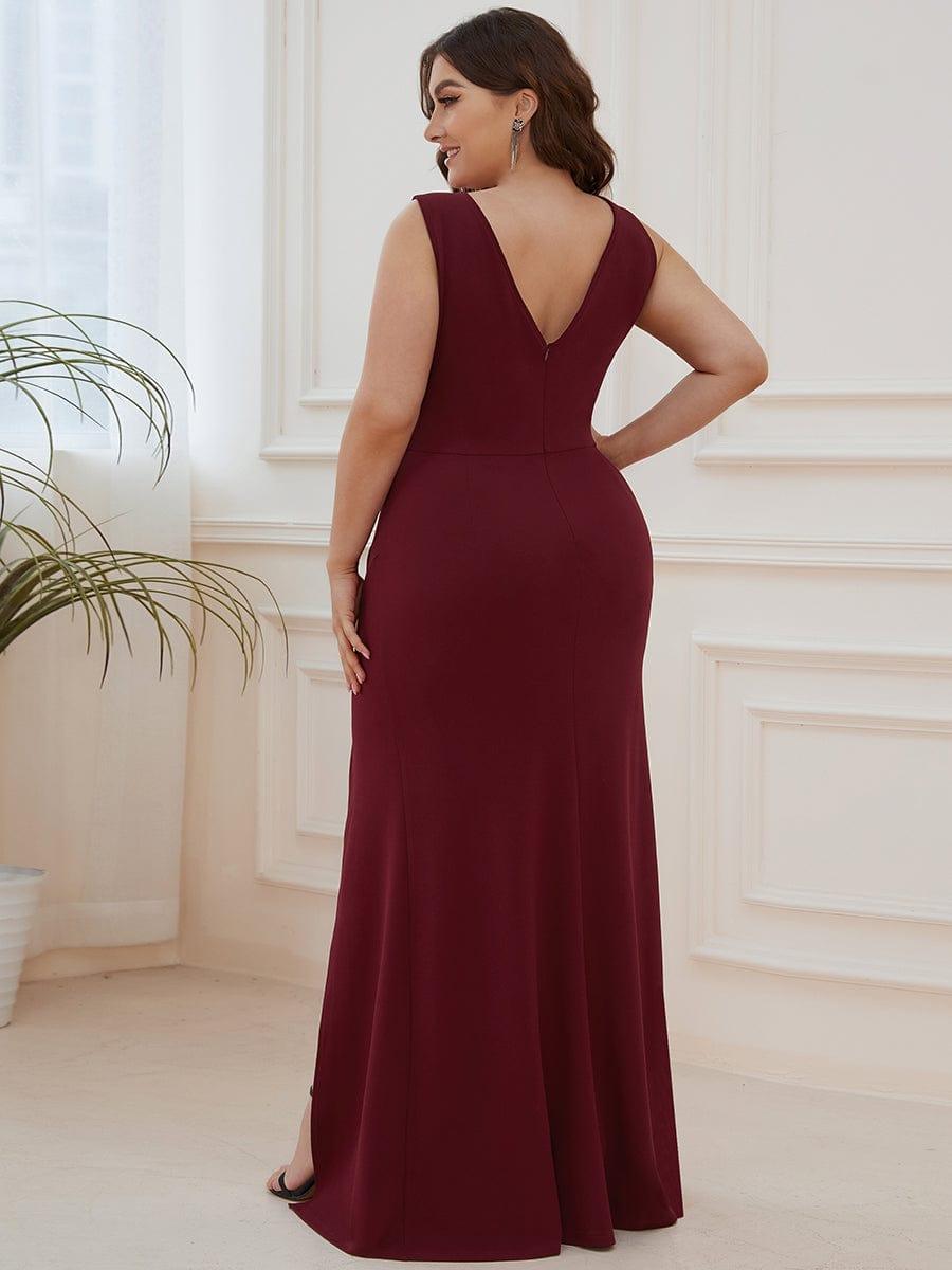 Robe Sans manches en maille à taille haute et col en V avec fente sur le devant #Couleur_Bordeaux Robe Sans manches en maille à taille haute et col en V avec fente sur le devant