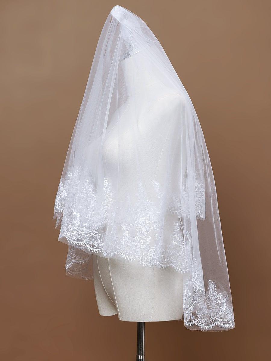 Voile de mariée en tulle à double couche avec appliques en dentelle #Couleur_Blanc