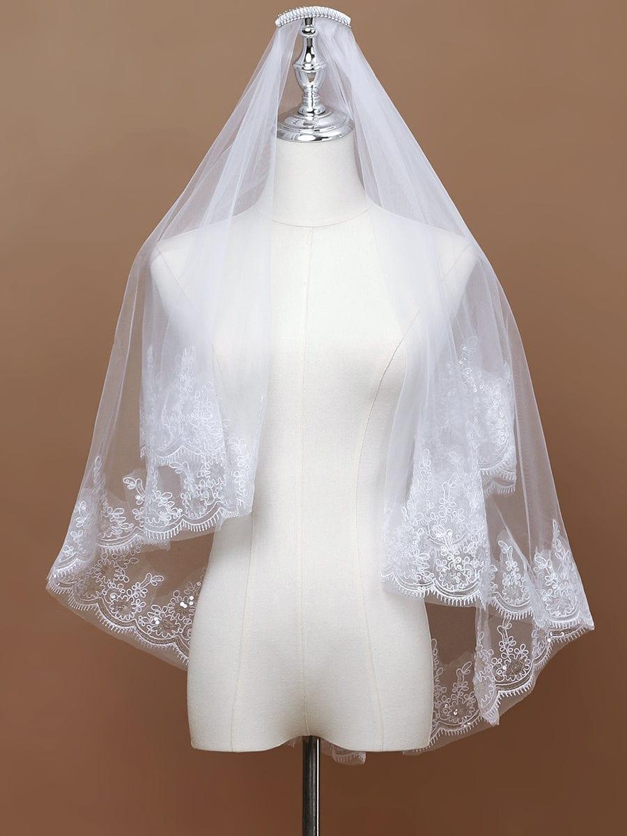 Voile de mariée en tulle à double couche avec appliques en dentelle #Couleur_Blanc