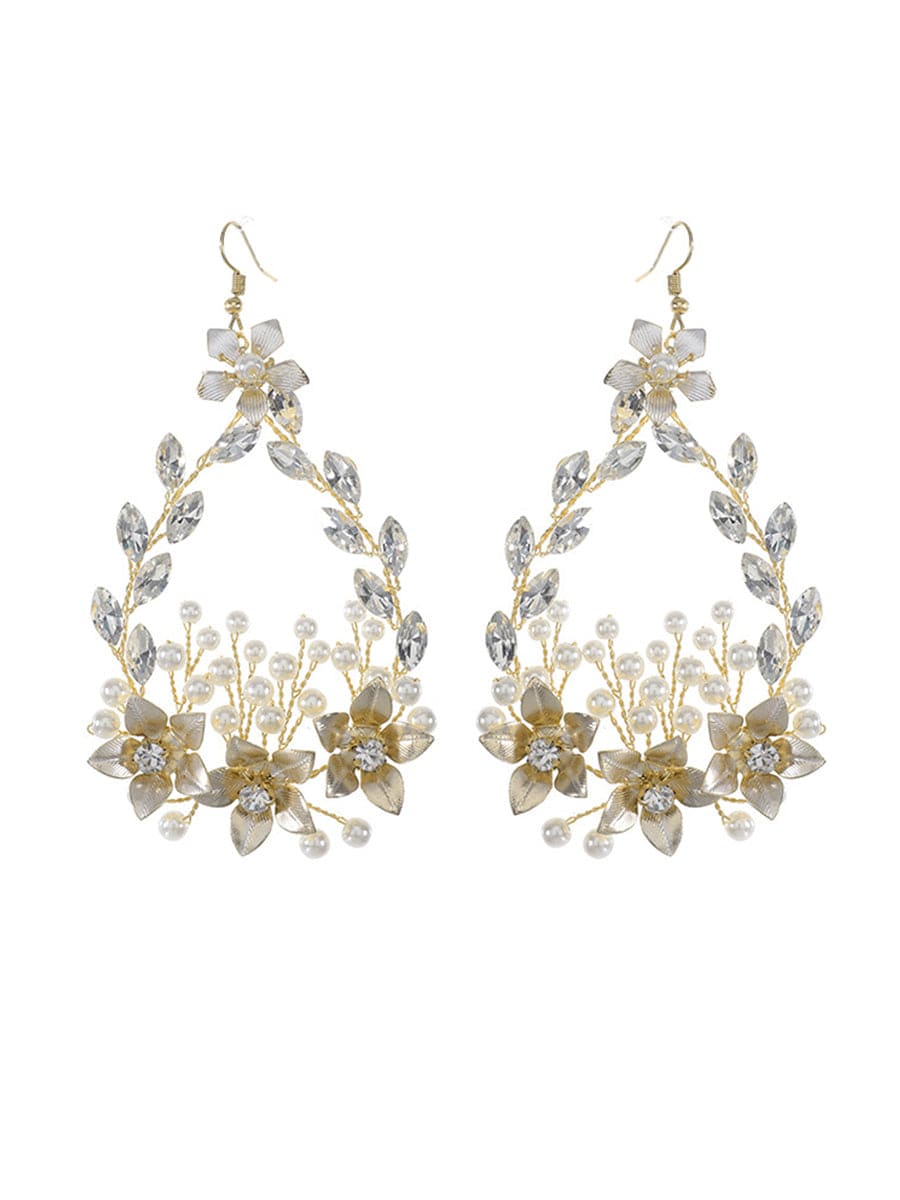 Boucles d'oreilles faites à la main avec strass et perles d'imitation au design exquis #Couleur_Or Boucles d'oreilles faites à la main avec strass et perles d'imitation au design exquis