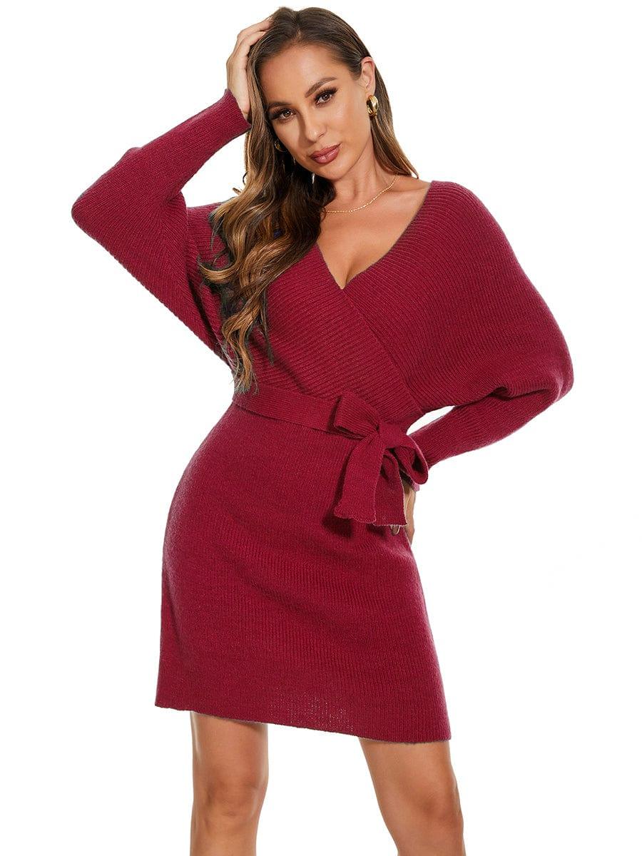Robe pull moulante en tricot Manches dolman Encolure en V #Couleur_Bordeaux