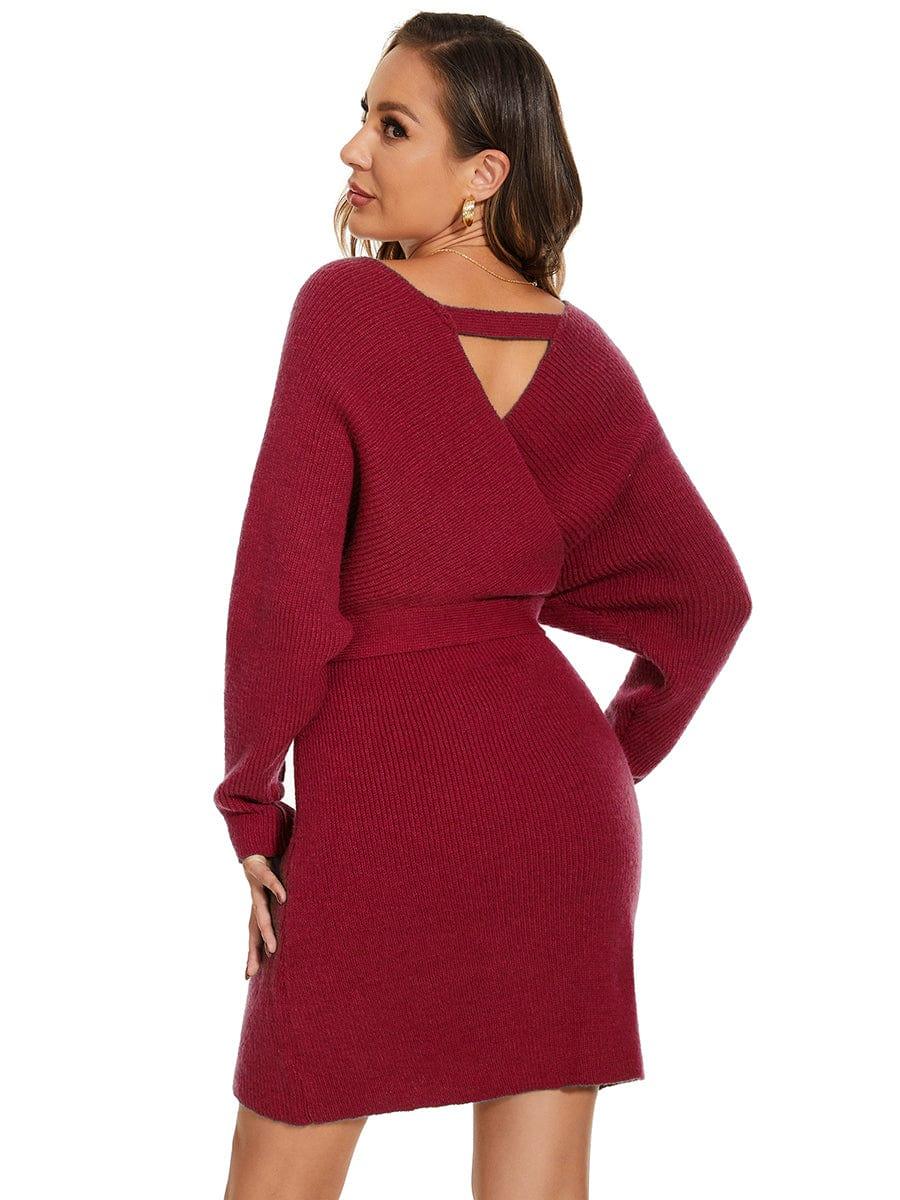 Robe pull moulante en tricot Manches dolman Encolure en V #Couleur_Bordeaux
