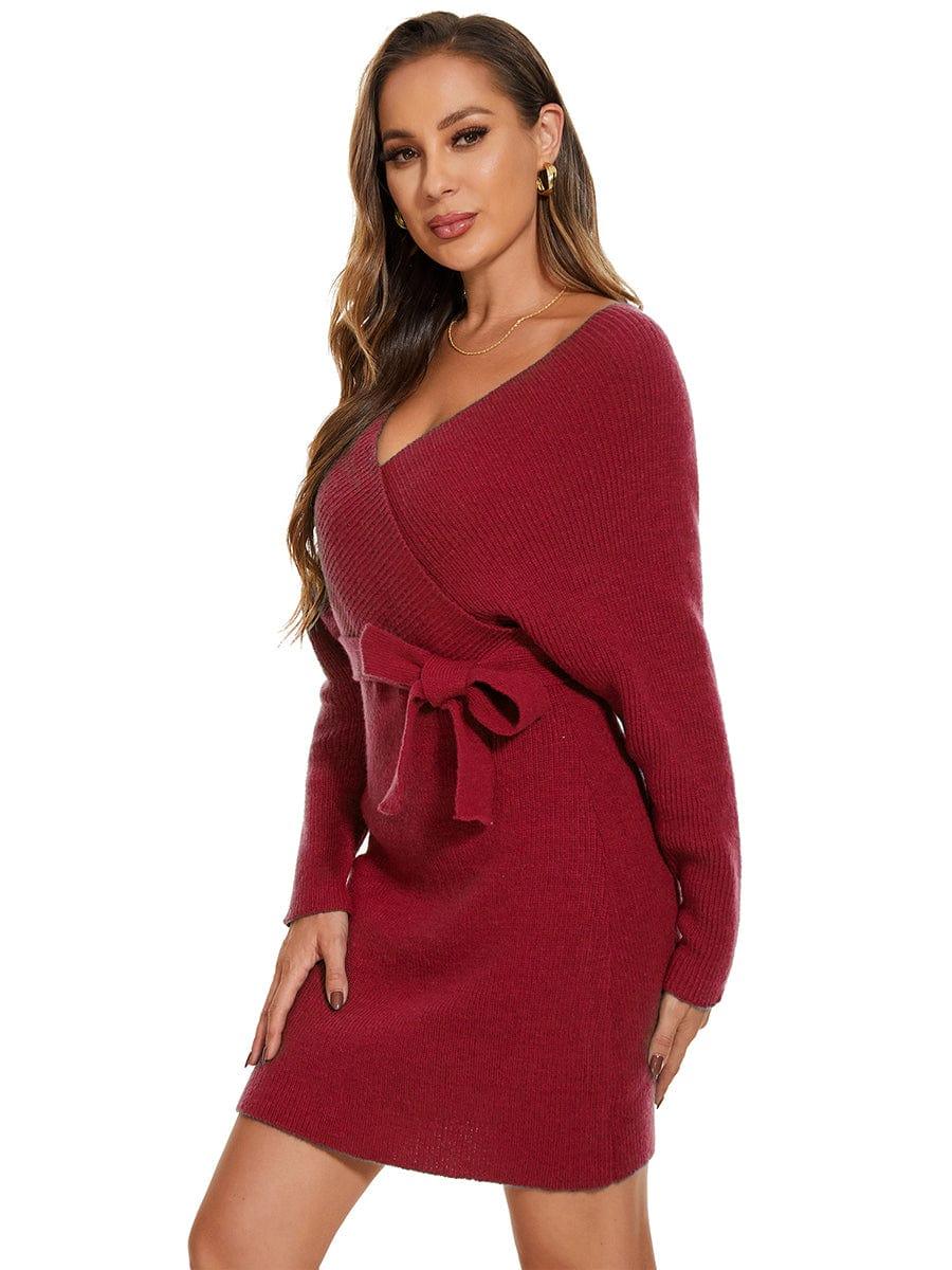 Robe pull moulante en tricot Manches dolman Encolure en V #Couleur_Bordeaux