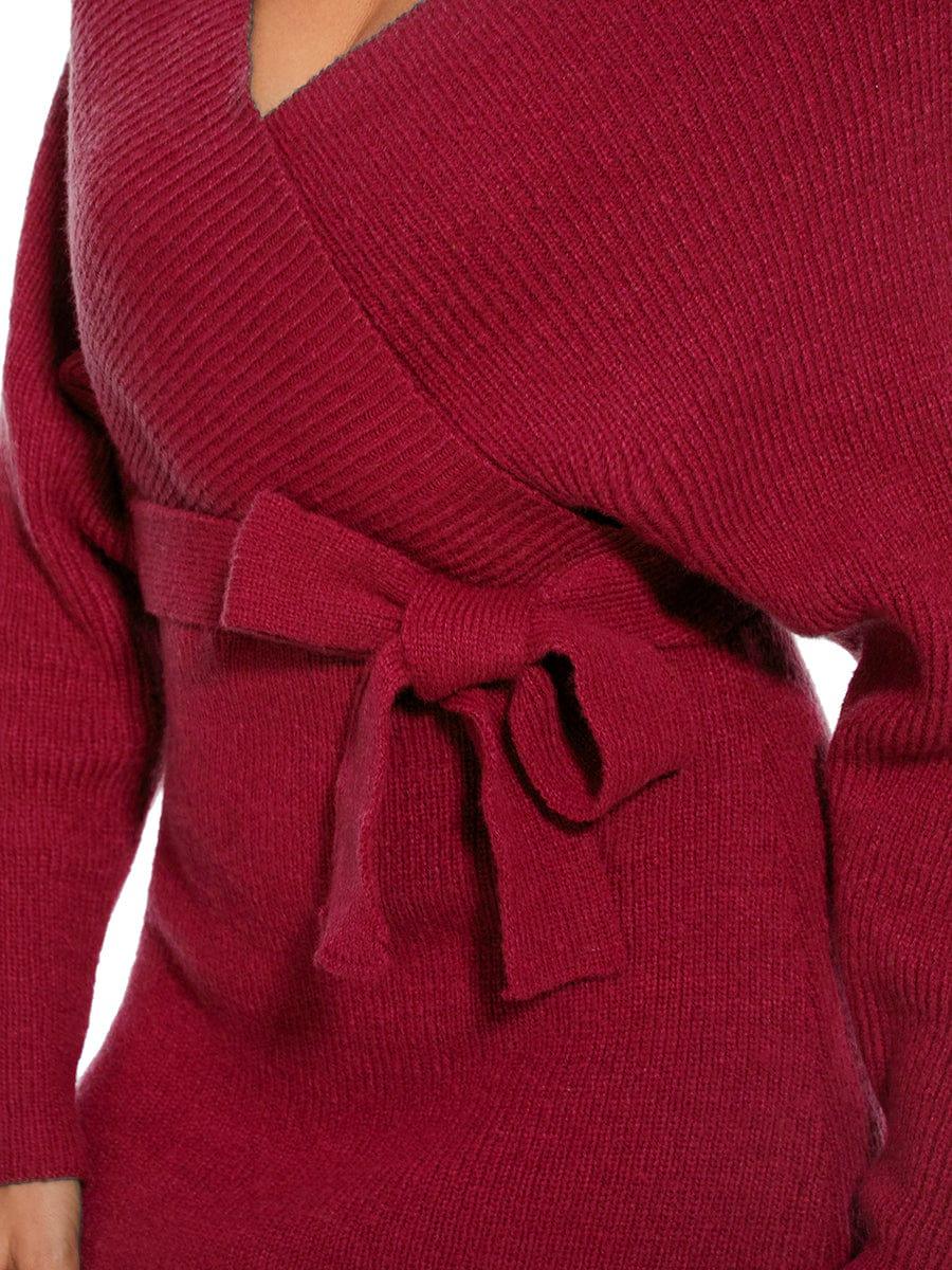 Robe pull moulante en tricot Manches dolman Encolure en V #Couleur_Bordeaux
