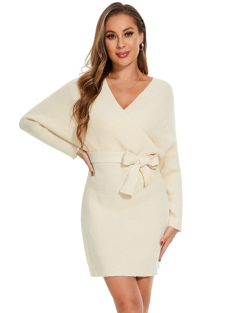 Robe pull moulante en tricot Manches dolman Encolure en V #Couleur_Beige