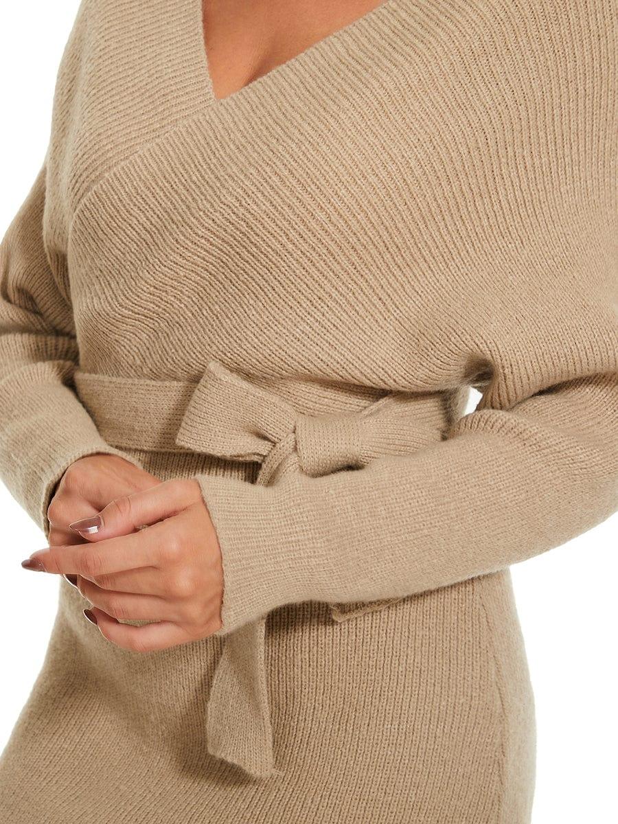 Robe pull moulante en tricot Manches dolman Encolure en V #Couleur_Kaki