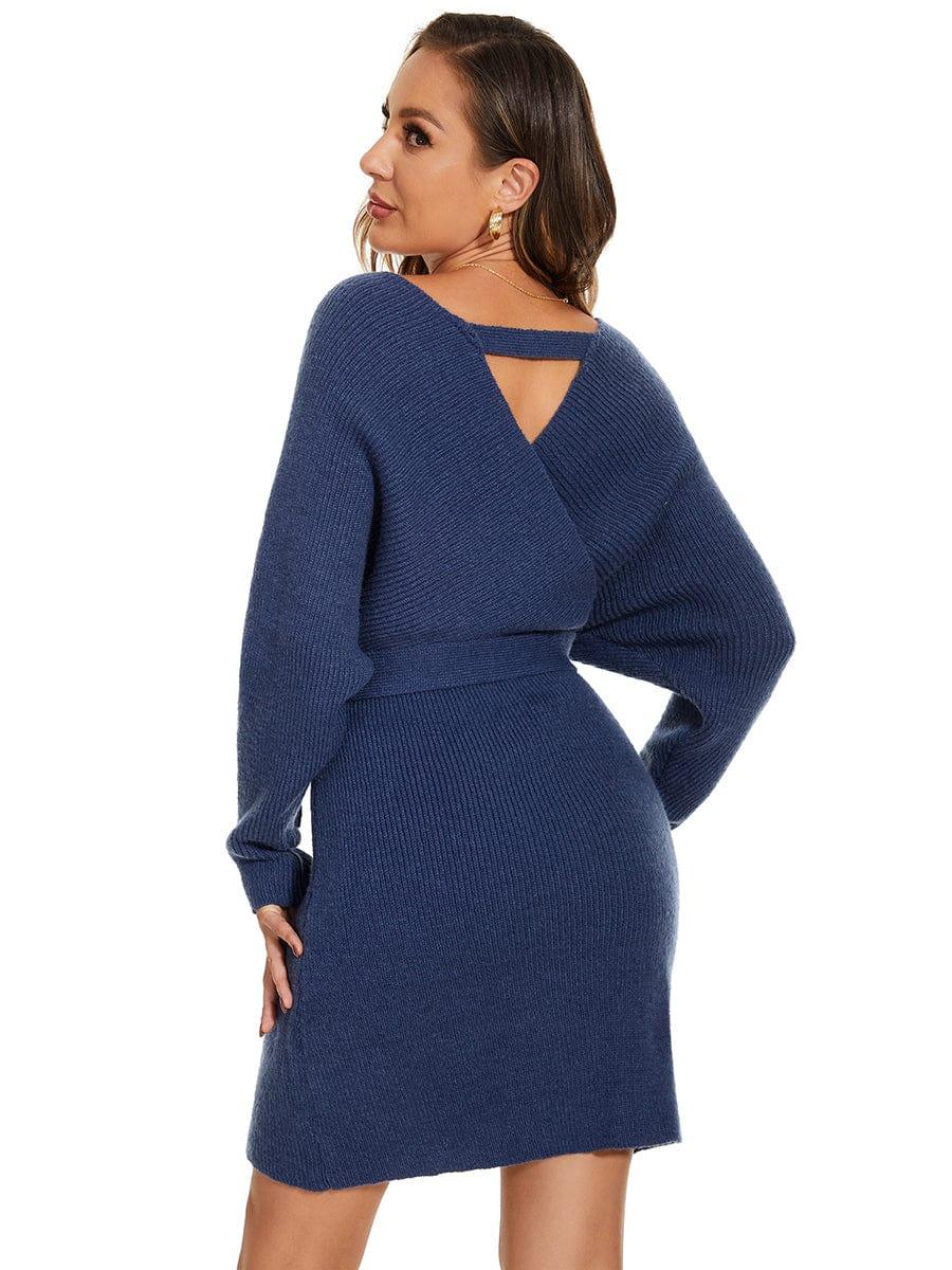 Robe pull moulante en tricot Manches dolman Encolure en V #Couleur_Bleu Marine