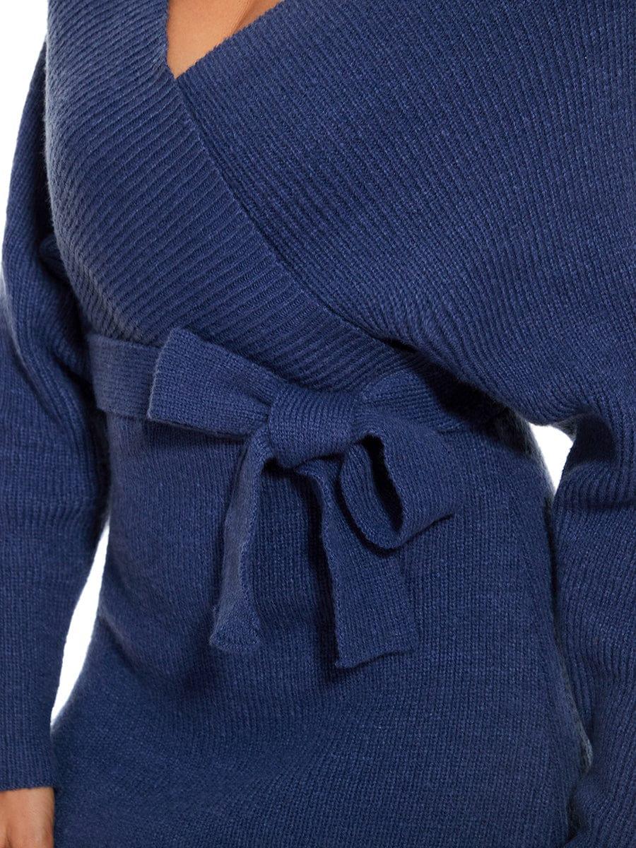 Robe pull moulante en tricot Manches dolman Encolure en V #Couleur_Bleu Marine