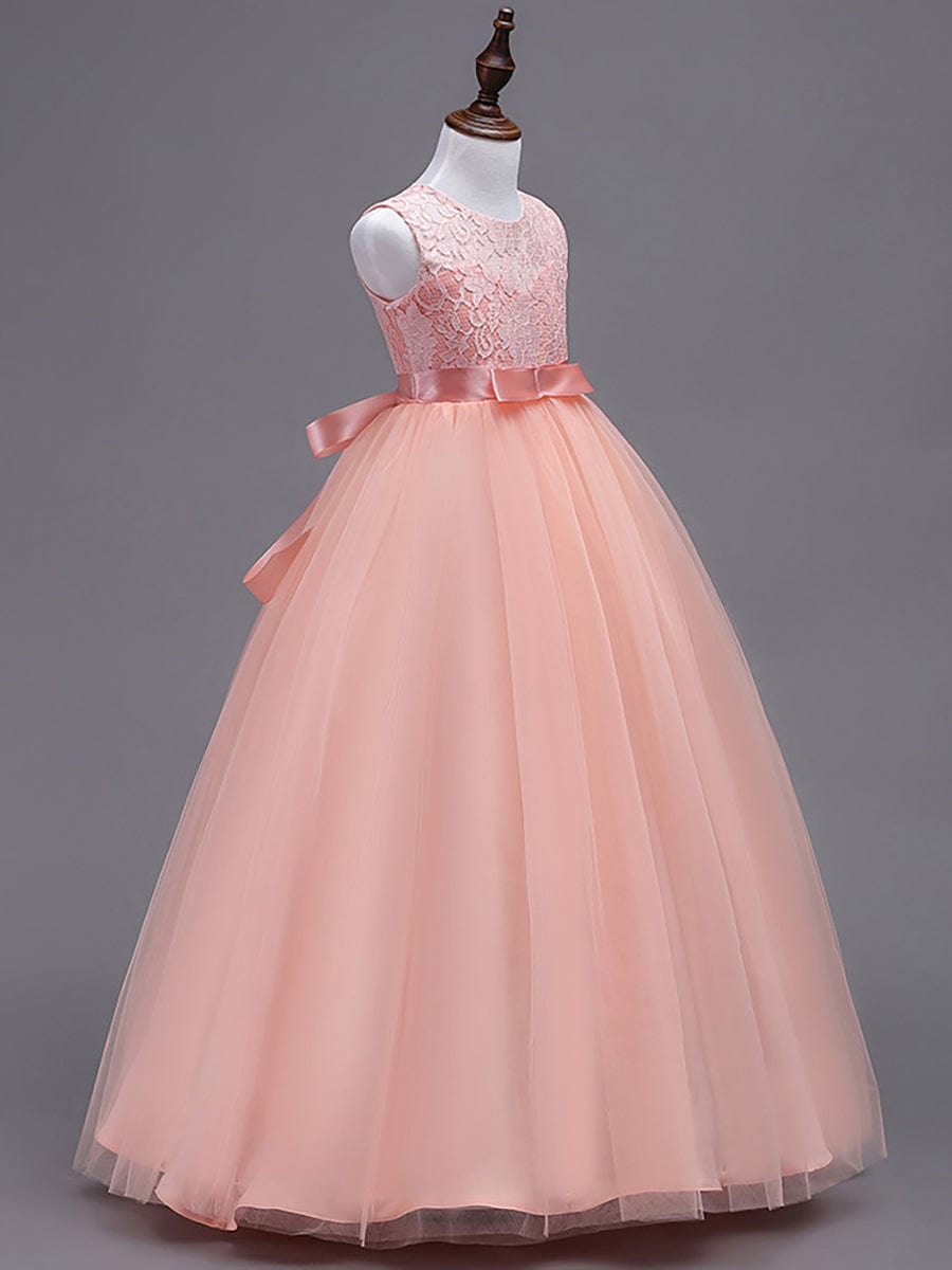 Robe Enfant d'Honneur Princesse Arc Sans Manches En Dentelle Tulle #couleur_Blush Robe Enfant d'Honneur Princesse Arc Sans Manches En Dentelle Tulle