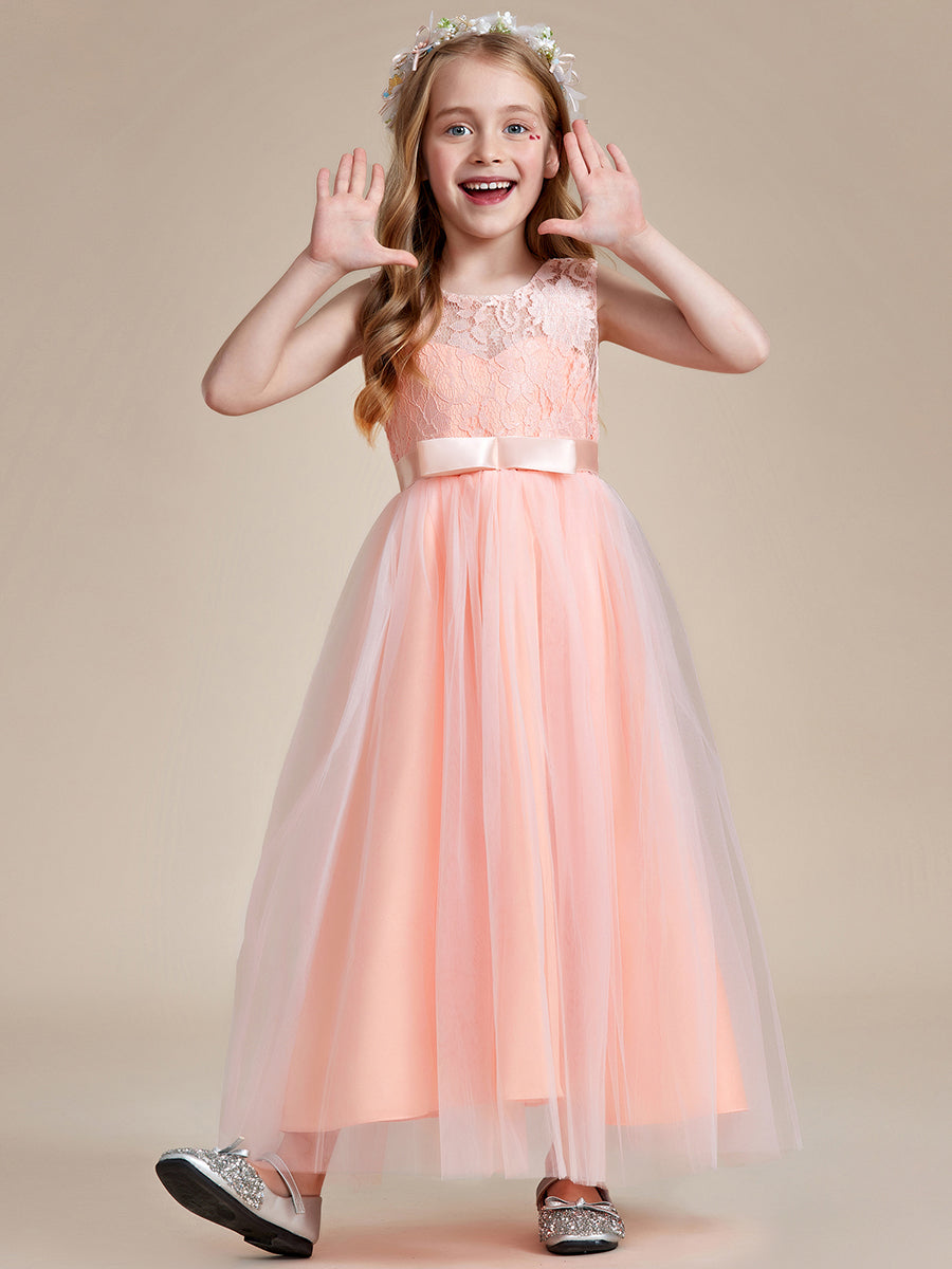 Robe Enfant d'Honneur Princesse Arc Sans Manches En Dentelle Tulle #couleur_Blush Robe Enfant d'Honneur Princesse Arc Sans Manches En Dentelle Tulle
