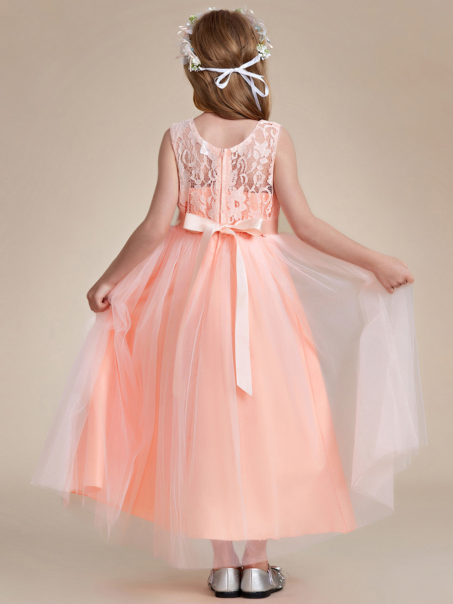 Robe Enfant d'Honneur Princesse Arc Sans Manches En Dentelle Tulle #couleur_Blush