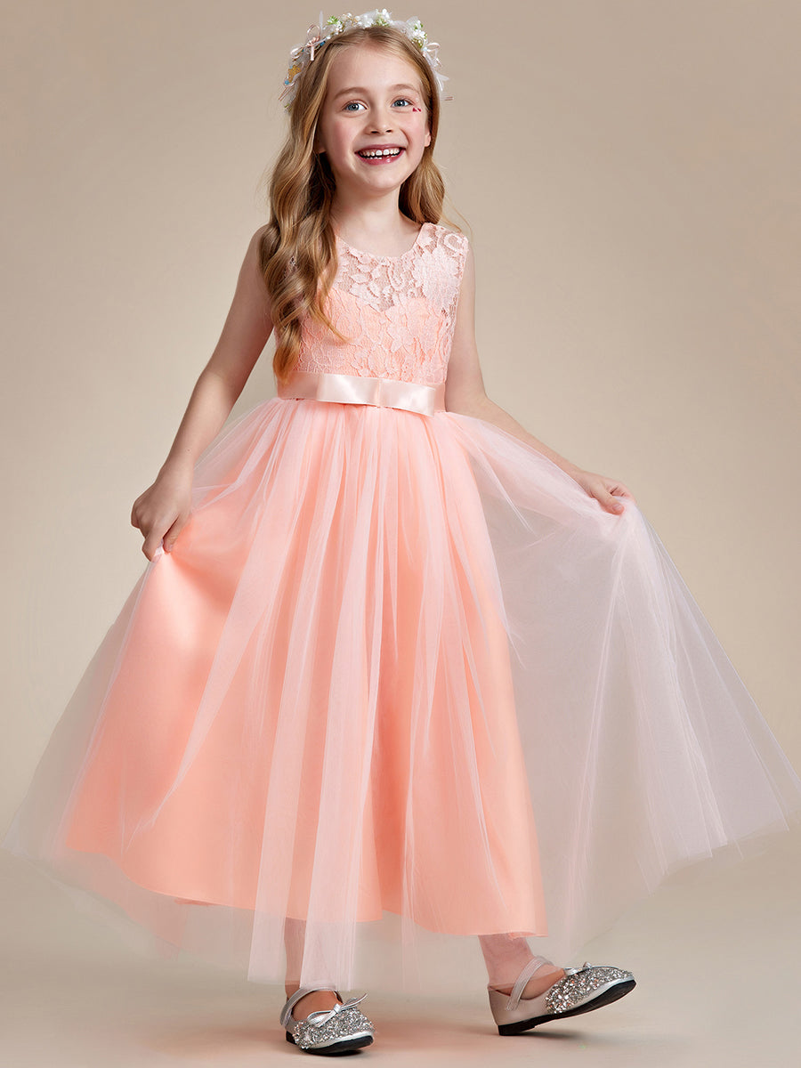 Robe Enfant d'Honneur Princesse Arc Sans Manches En Dentelle Tulle #couleur_Blush Robe Enfant d'Honneur Princesse Arc Sans Manches En Dentelle Tulle