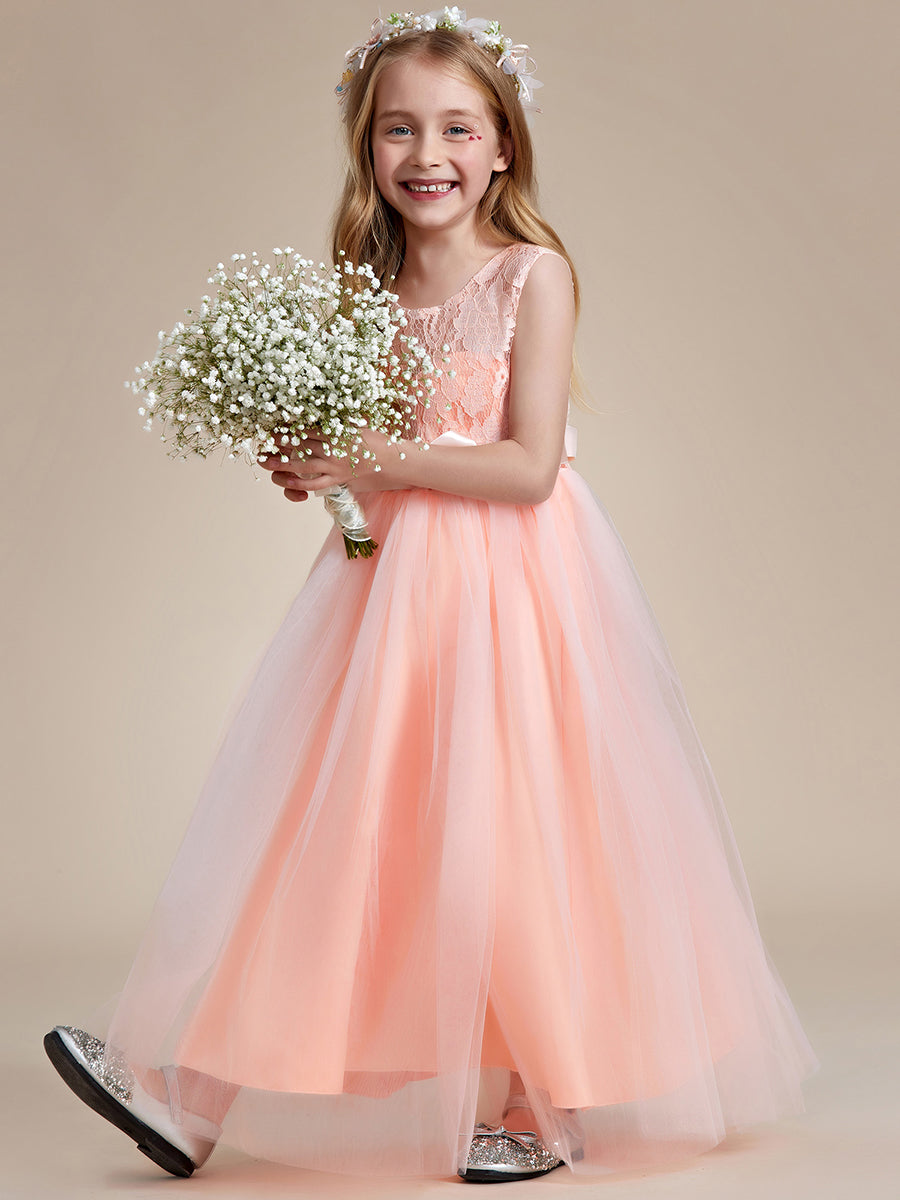 Robe Enfant d'Honneur Princesse Arc Sans Manches En Dentelle Tulle #couleur_Blush