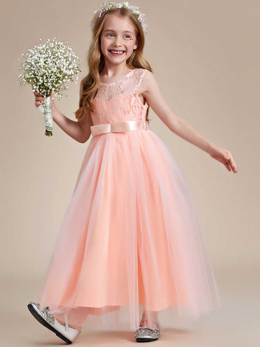 Robe Enfant d'Honneur Princesse Arc Sans Manches En Dentelle Tulle #couleur_Blush Robe Enfant d'Honneur Princesse Arc Sans Manches En Dentelle Tulle
