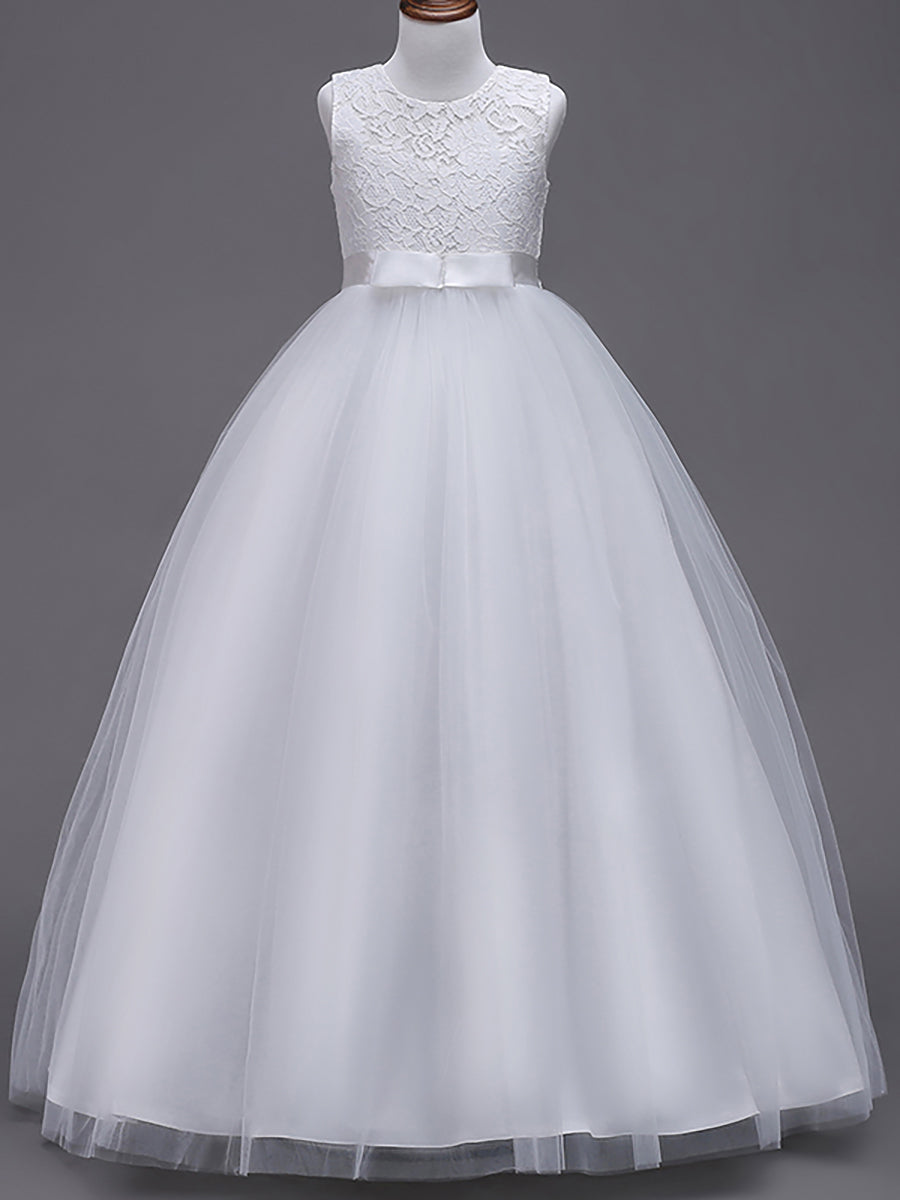 Robe Enfant d'Honneur Princesse Arc Sans Manches En Dentelle Tulle #couleur_Blanc