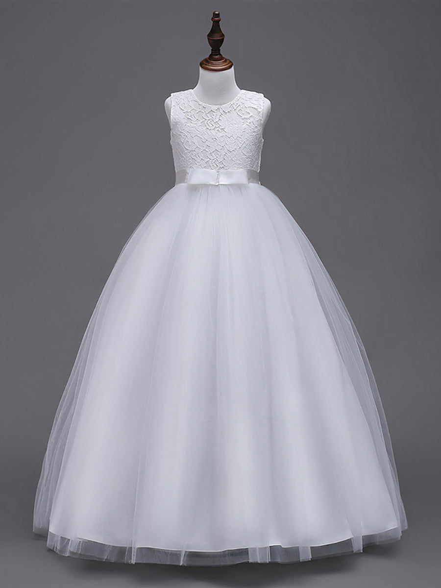 Robe Enfant d'Honneur Princesse Arc Sans Manches En Dentelle Tulle #couleur_Blanc