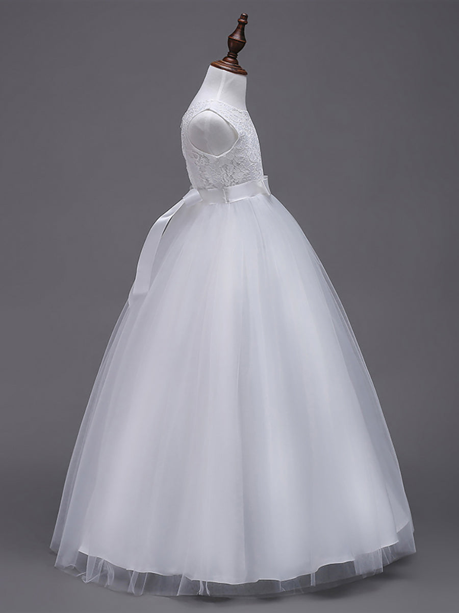 Robe Enfant d'Honneur Princesse Arc Sans Manches En Dentelle Tulle #couleur_Blanc