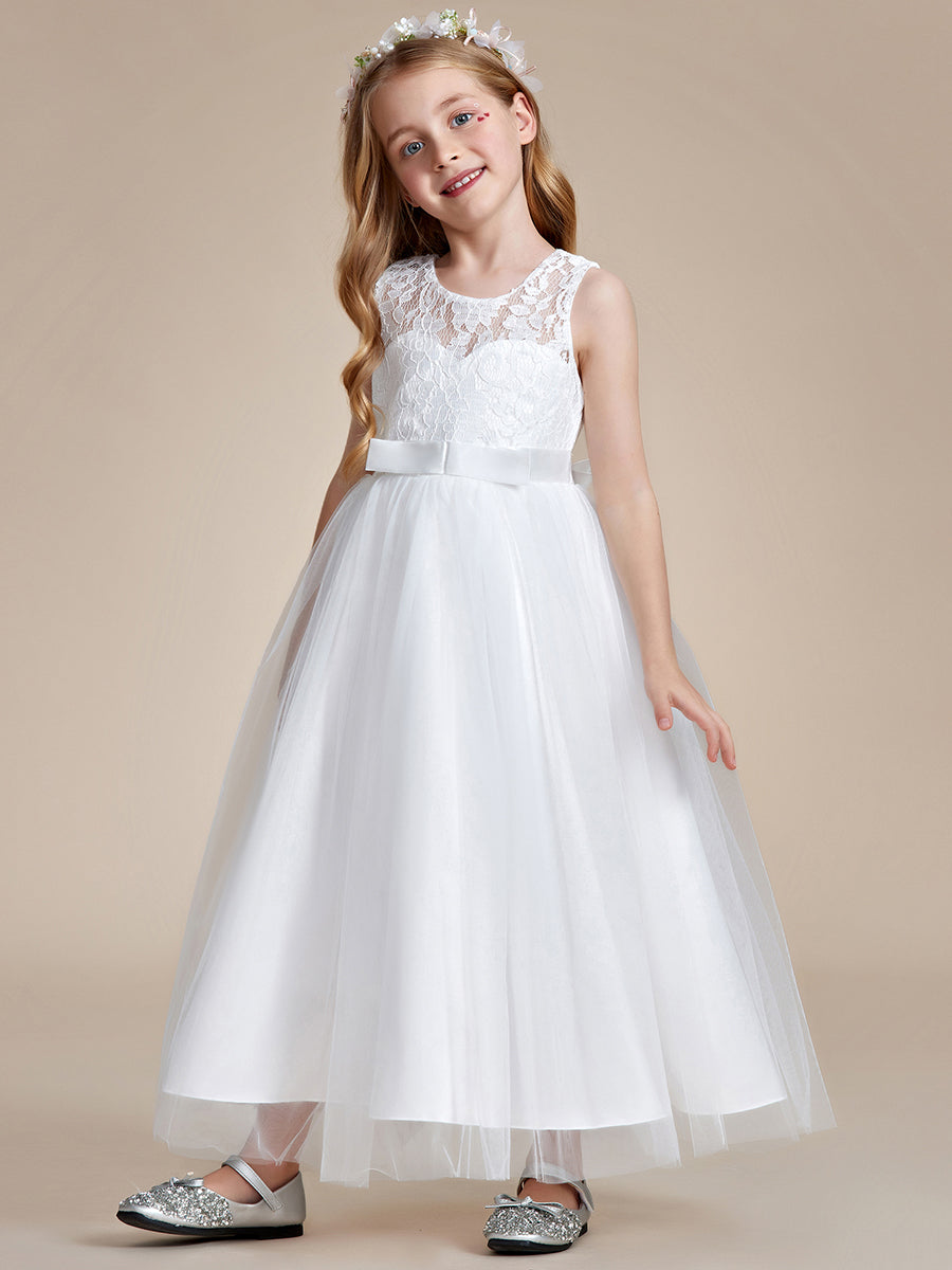 Robe Enfant d'Honneur Princesse Arc Sans Manches En Dentelle Tulle #couleur_Blanc