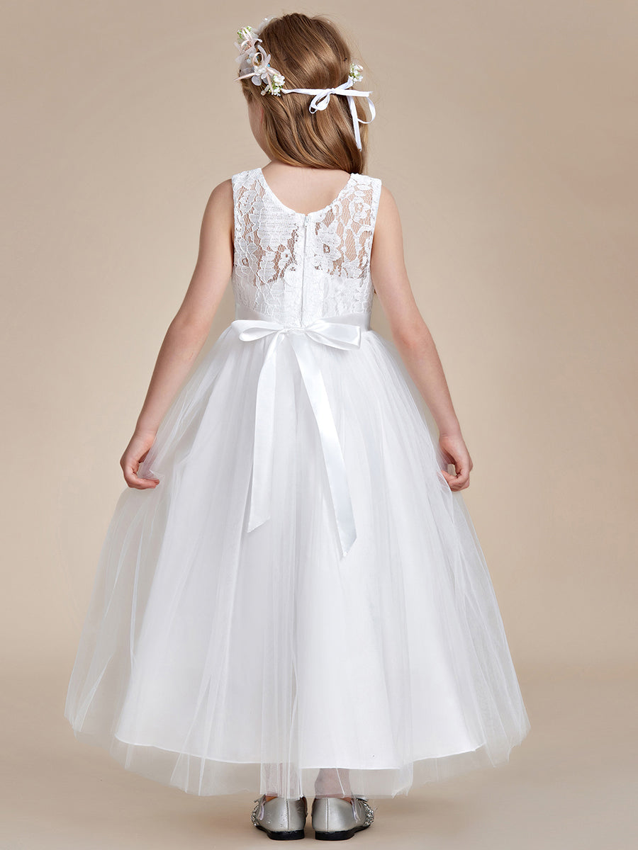 Robe Enfant d'Honneur Princesse Arc Sans Manches En Dentelle Tulle #couleur_Blanc