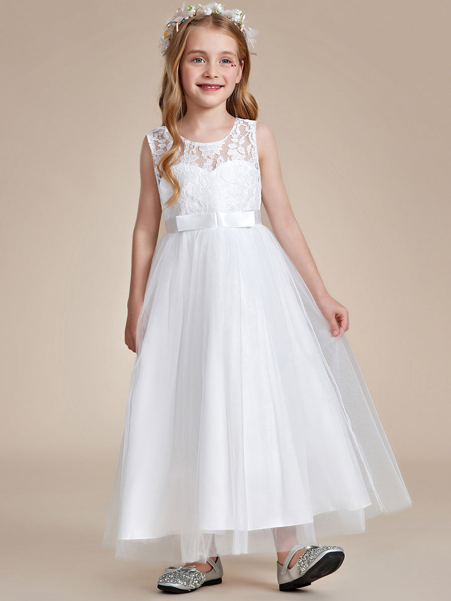 Robe Enfant d'Honneur Princesse Arc Sans Manches En Dentelle Tulle #couleur_Blanc