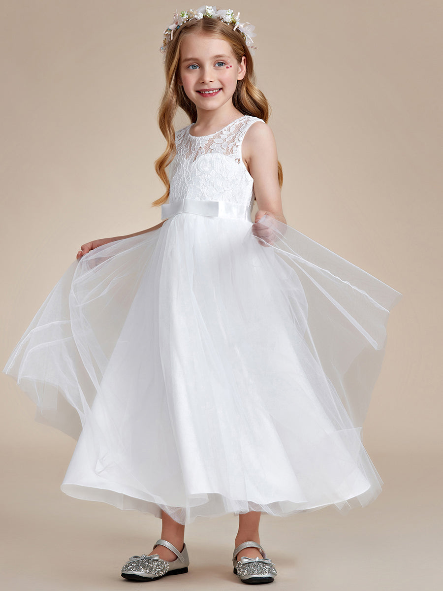 Robe Enfant d'Honneur Princesse Arc Sans Manches En Dentelle Tulle #couleur_Blanc