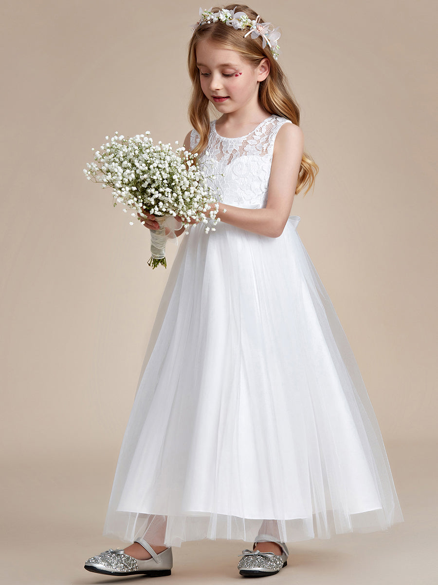 Robe Enfant d'Honneur Princesse Arc Sans Manches En Dentelle Tulle #couleur_Blanc