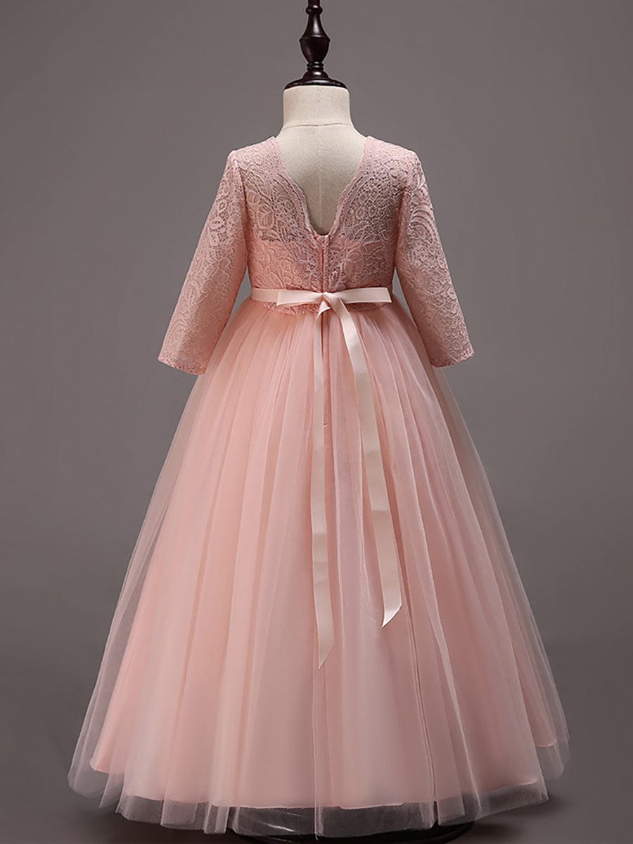 Robe Enfant d'Honneur Charmante dentelle avec nœud manches longues #couleur_Blanc Robe Enfant d'Honneur Charmante dentelle avec nœud manches longues