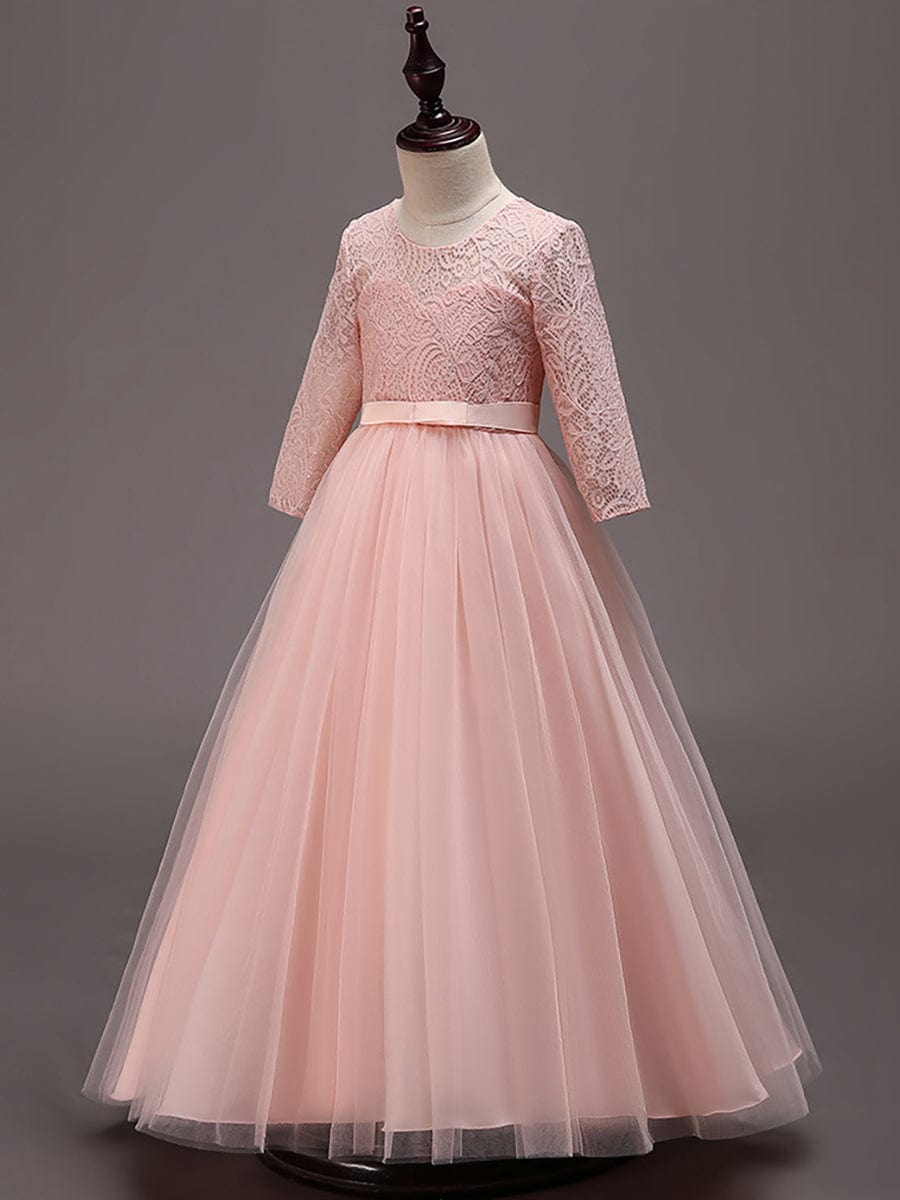 Robe Enfant d'Honneur Charmante dentelle avec nœud manches longues #couleur_Blanc Robe Enfant d'Honneur Charmante dentelle avec nœud manches longues