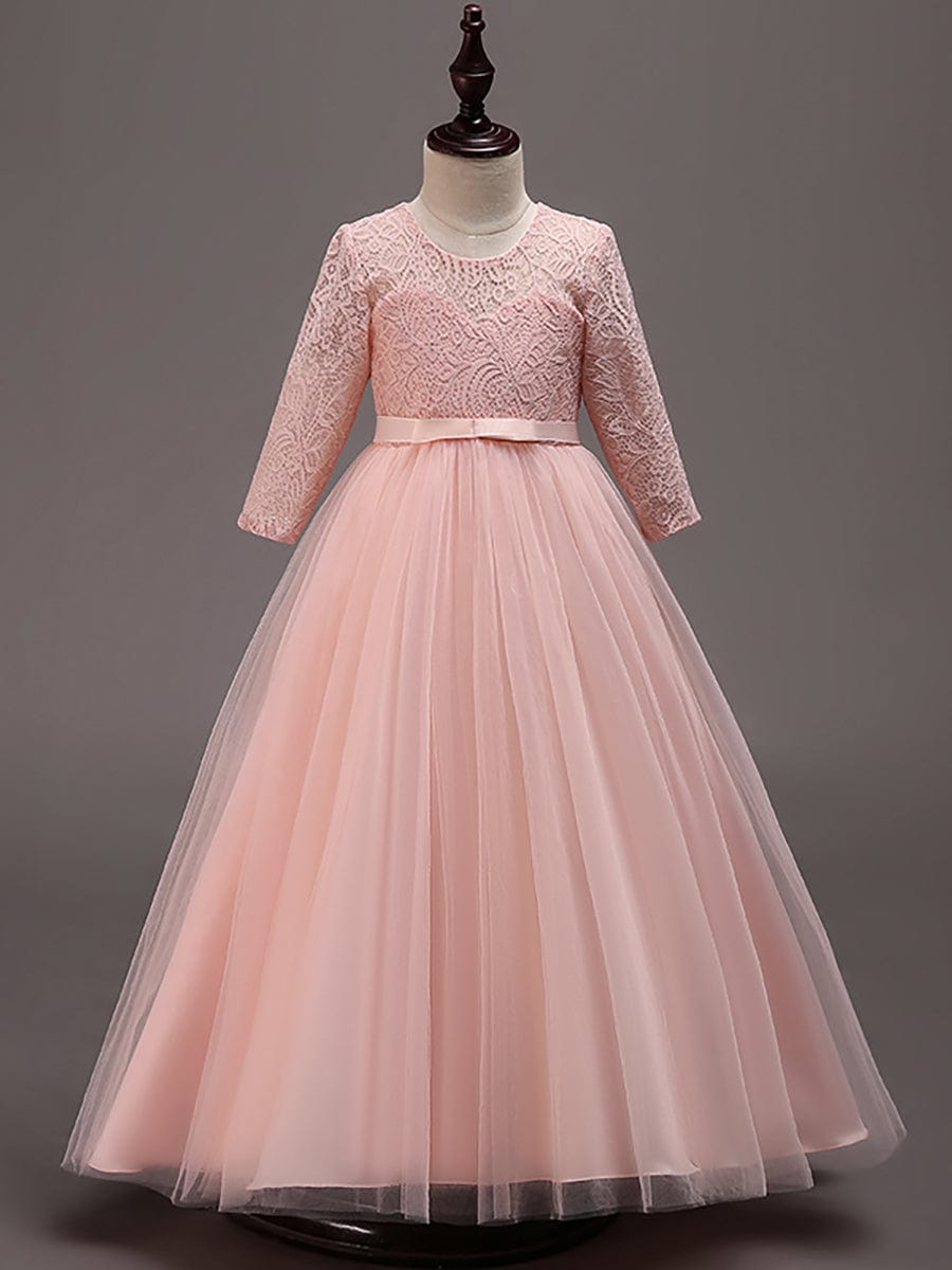 Robe Enfant d'Honneur Charmante dentelle avec nœud manches longues #couleur_Blanc Robe Enfant d'Honneur Charmante dentelle avec nœud manches longues