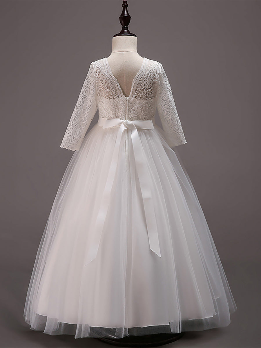 Robe Enfant d'Honneur Charmante dentelle avec nœud manches longues #couleur_Blanc Robe Enfant d'Honneur Charmante dentelle avec nœud manches longues