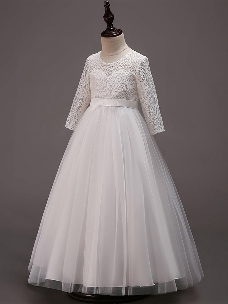 Robe Enfant d'Honneur Charmante dentelle avec nœud manches longues #couleur_Blanc Robe Enfant d'Honneur Charmante dentelle avec nœud manches longues