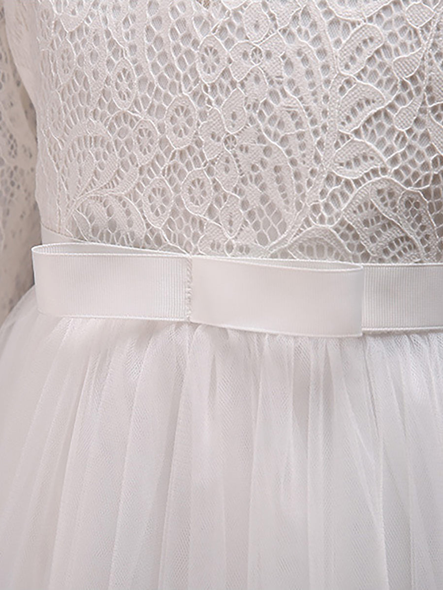 Robe Enfant d'Honneur Charmante dentelle avec nœud manches longues #couleur_Blanc Robe Enfant d'Honneur Charmante dentelle avec nœud manches longues