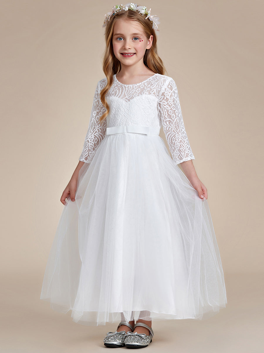Robe Enfant d'Honneur Charmante dentelle avec nœud manches longues #couleur_Blanc Robe Enfant d'Honneur Charmante dentelle avec nœud manches longues