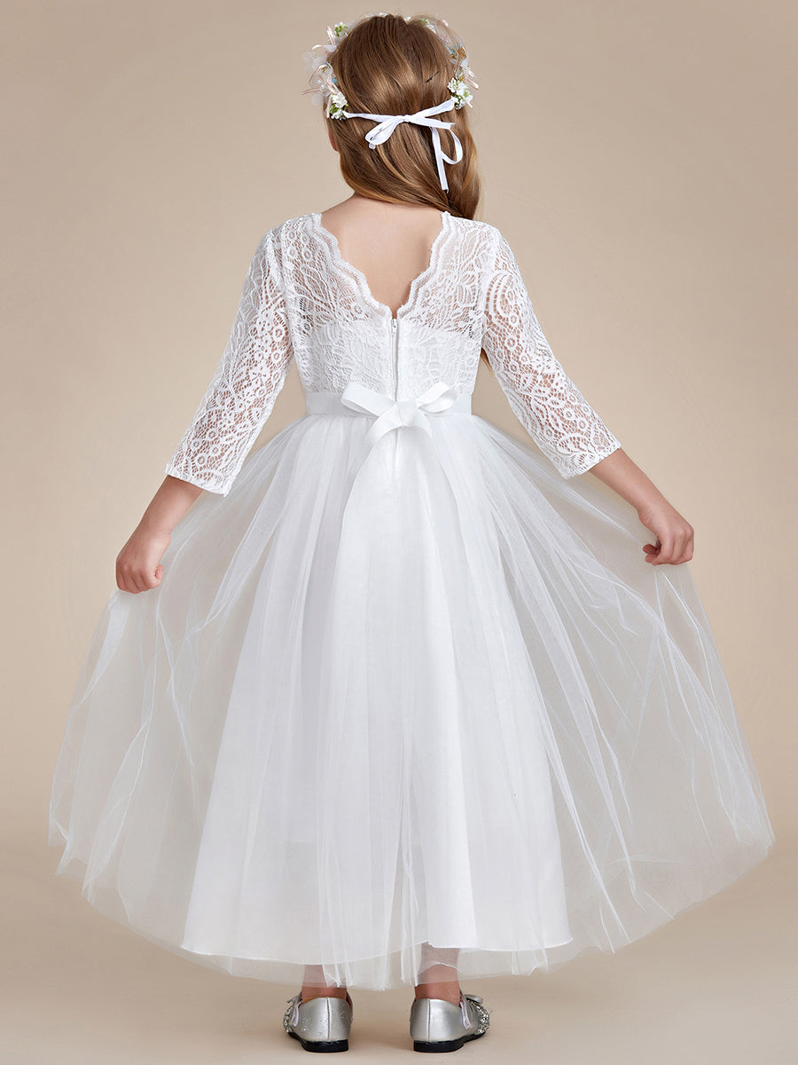 Robe Enfant d'Honneur Charmante dentelle avec nœud manches longues #couleur_Blanc Robe Enfant d'Honneur Charmante dentelle avec nœud manches longues