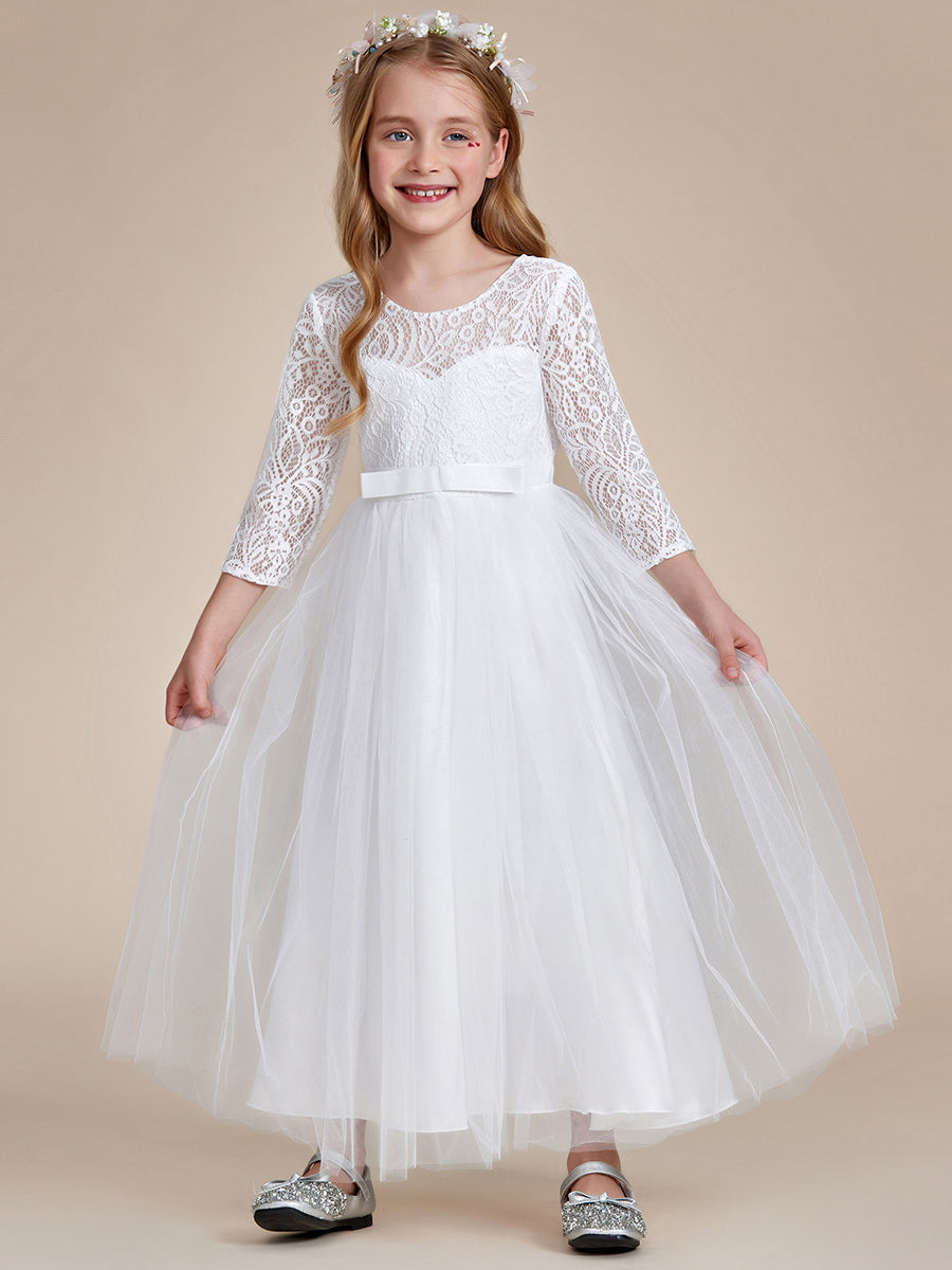 Robe Enfant d'Honneur Charmante dentelle avec nœud manches longues #couleur_Blanc Robe Enfant d'Honneur Charmante dentelle avec nœud manches longues