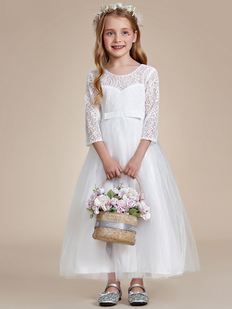 Robe Enfant d'Honneur Charmante dentelle avec nœud manches longues #couleur_Blanc Robe Enfant d'Honneur Charmante dentelle avec nœud manches longues