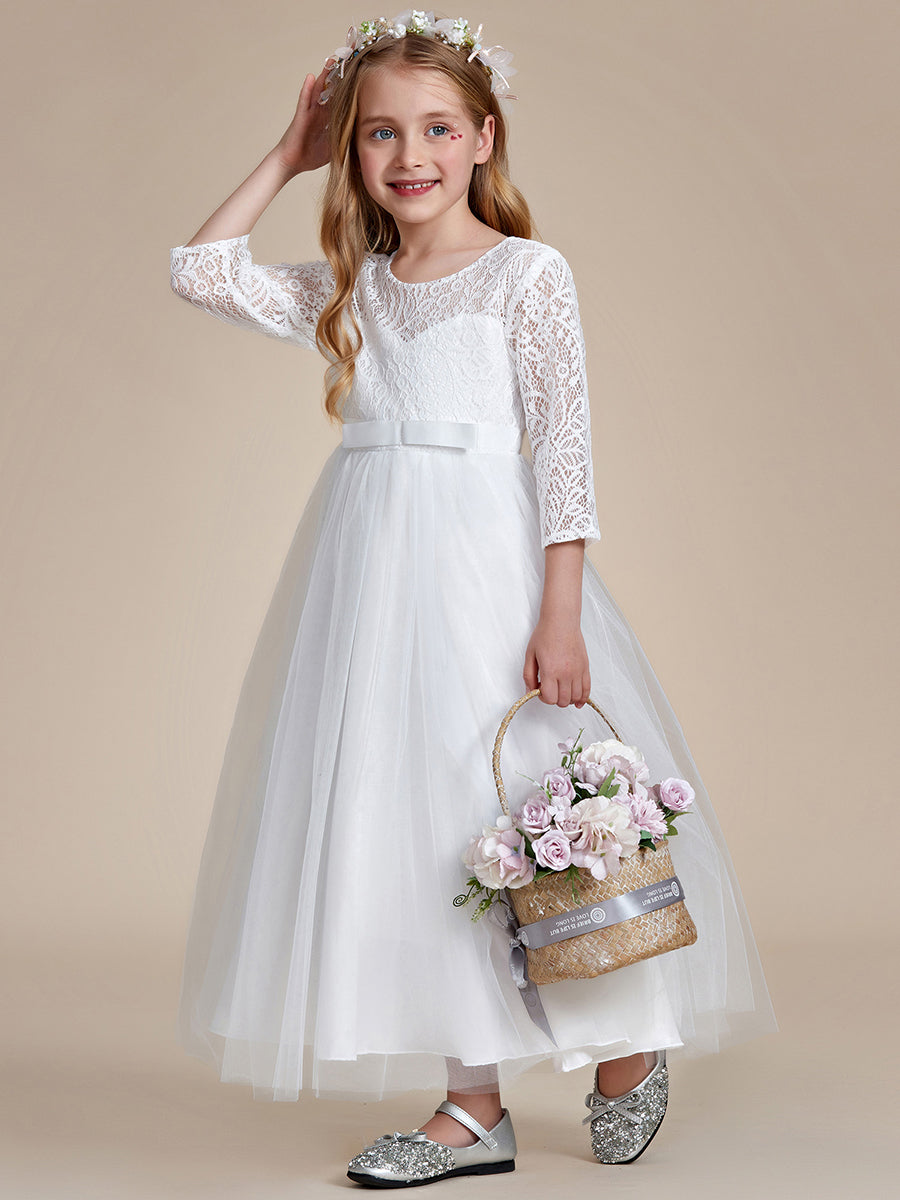 Robe Enfant d'Honneur Charmante dentelle avec nœud manches longues #couleur_Blanc Robe Enfant d'Honneur Charmante dentelle avec nœud manches longues
