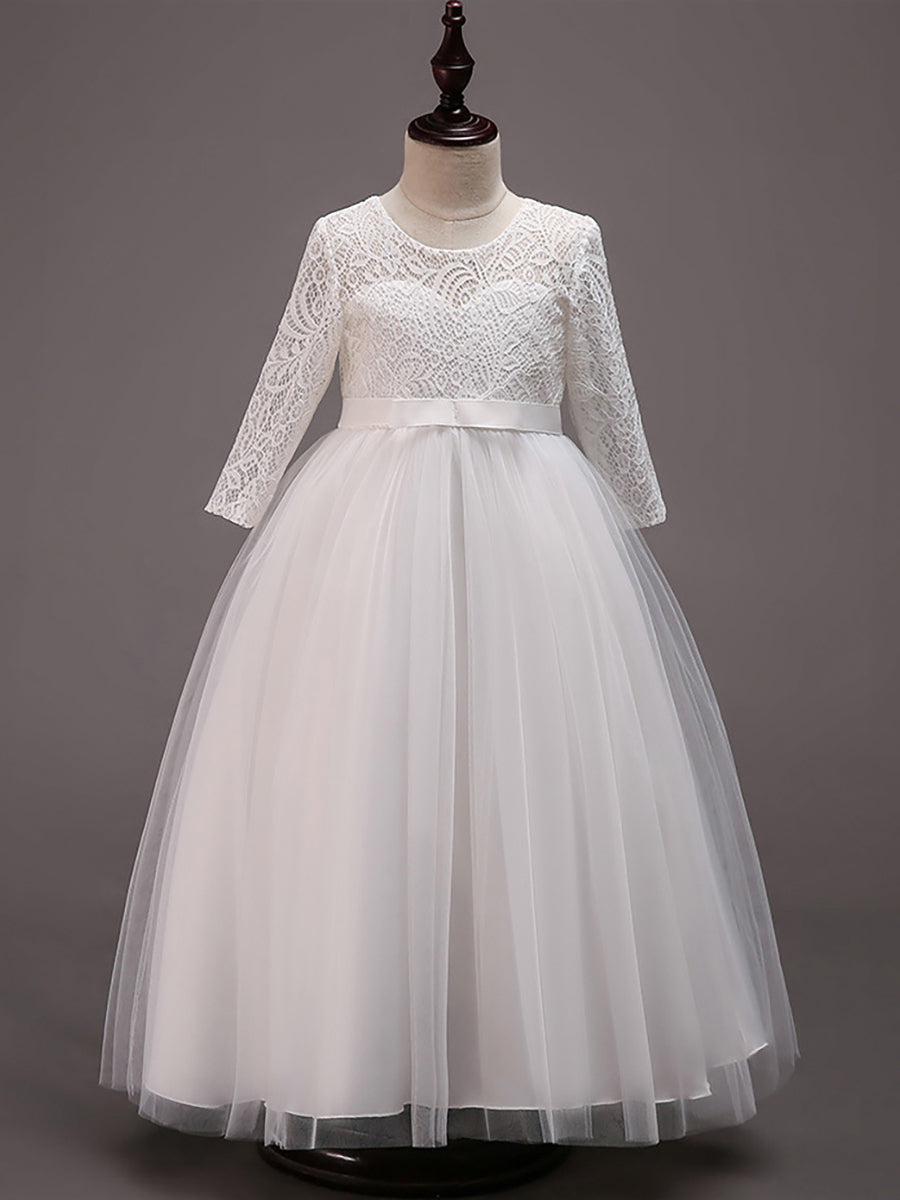 Robe Enfant d'Honneur Charmante dentelle avec nœud manches longues #couleur_Blanc Robe Enfant d'Honneur Charmante dentelle avec nœud manches longues