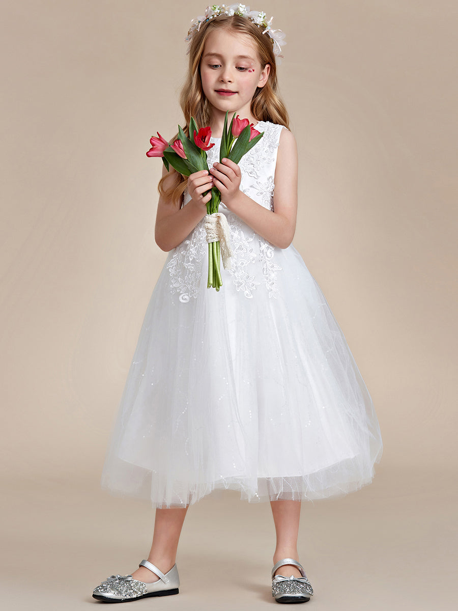 Robe Enfant d'Honneur Superbe dentelle blanche Tulle Appliques de fleurs #Couleur_Blanc Robe Enfant d'Honneur Superbe dentelle blanche Tulle Appliques de fleurs