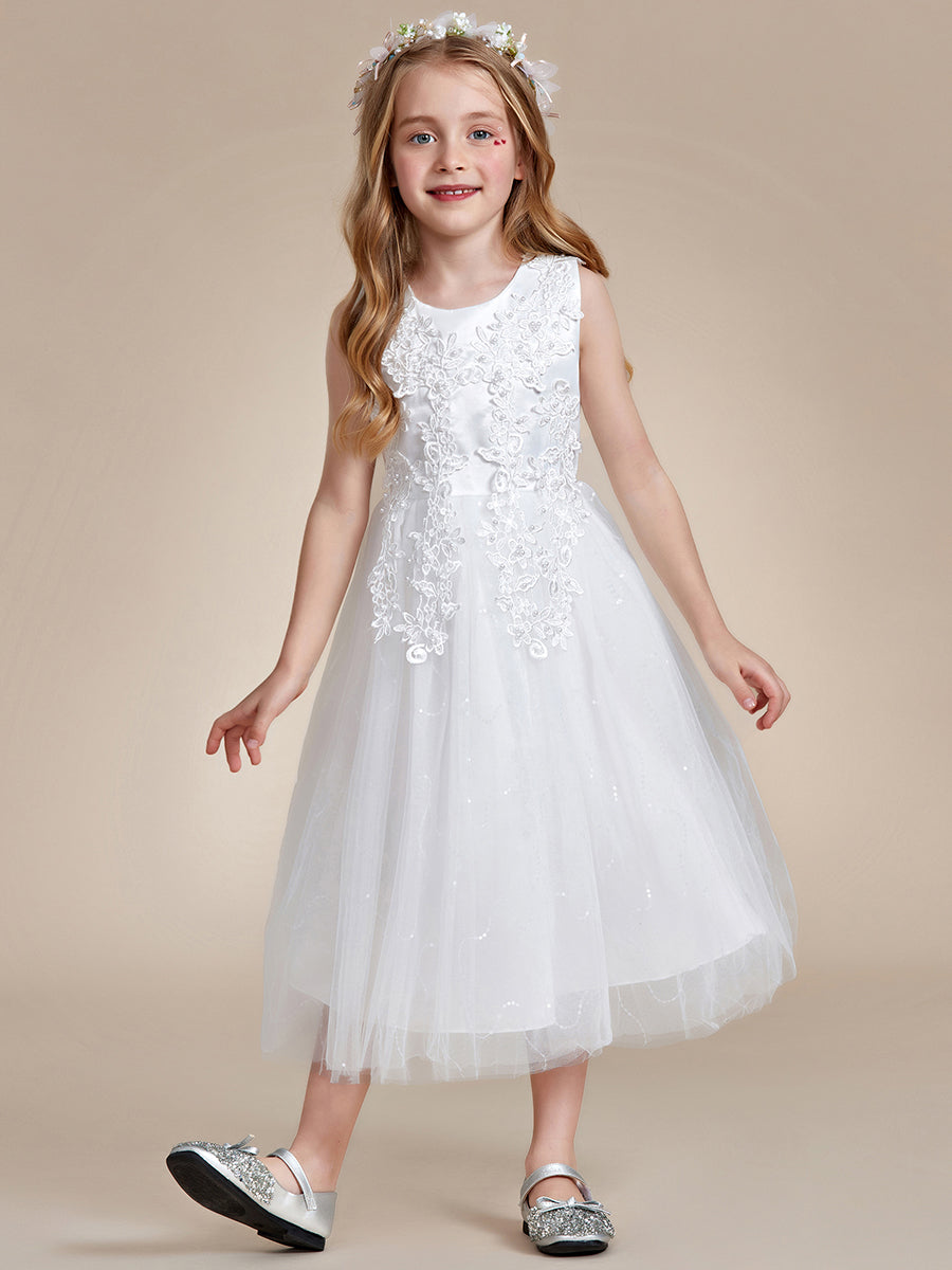Robe Enfant d'Honneur Superbe dentelle blanche Tulle Appliques de fleurs #Couleur_Blanc Robe Enfant d'Honneur Superbe dentelle blanche Tulle Appliques de fleurs