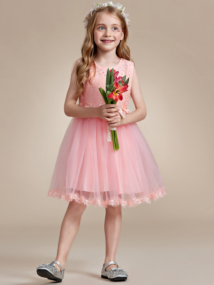 Robe Enfant d'Honneur tulle et dentelle blanche avec nœud au dos #Couleur_Rose
