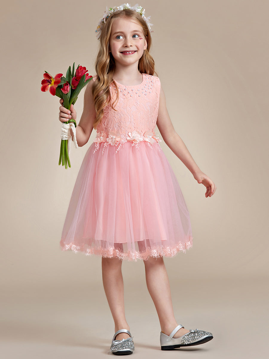 Robe Enfant d'Honneur tulle et dentelle blanche avec nœud au dos #Couleur_Rose