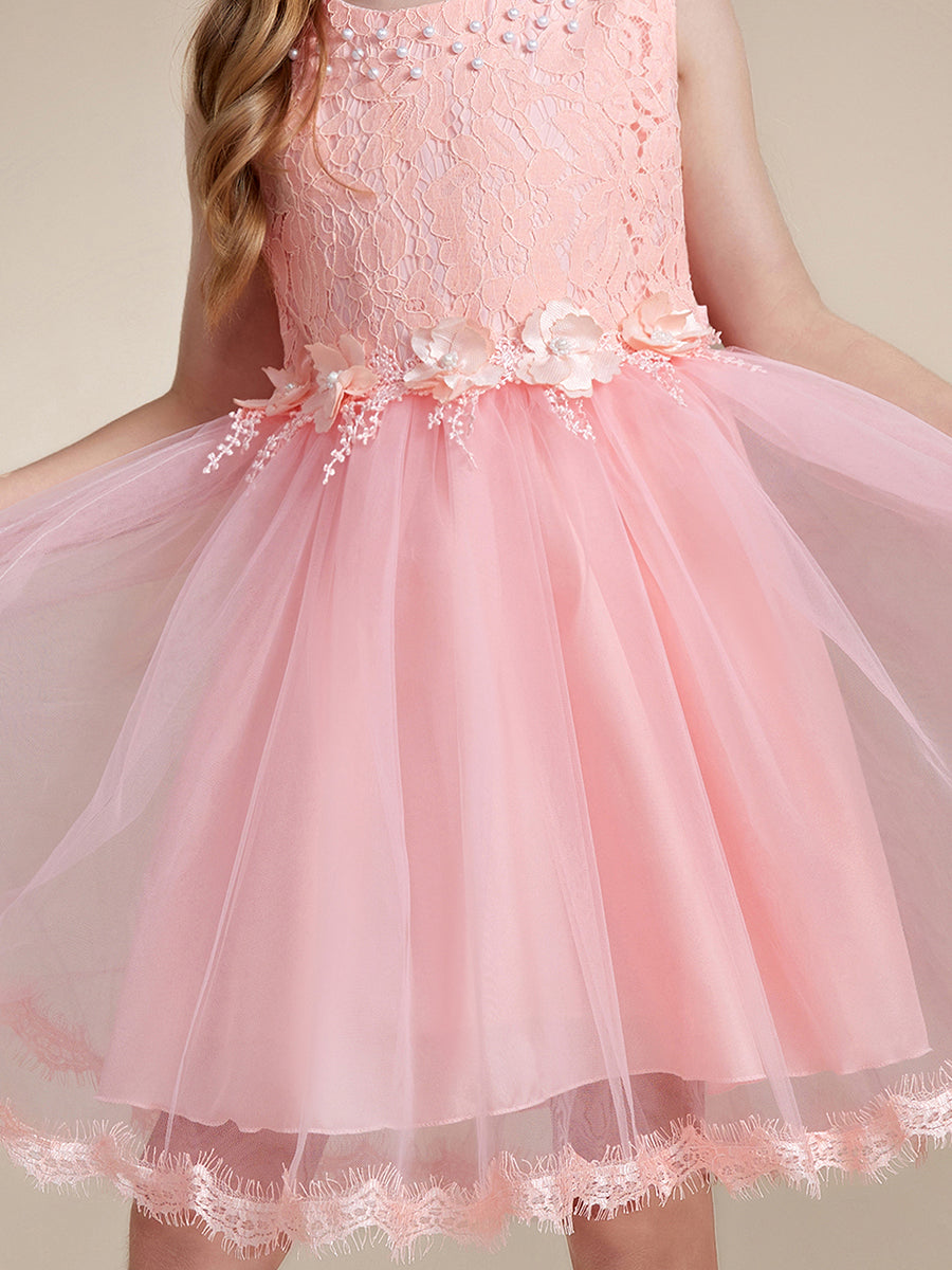 Robe Enfant d'Honneur tulle et dentelle blanche avec nœud au dos #Couleur_Rose